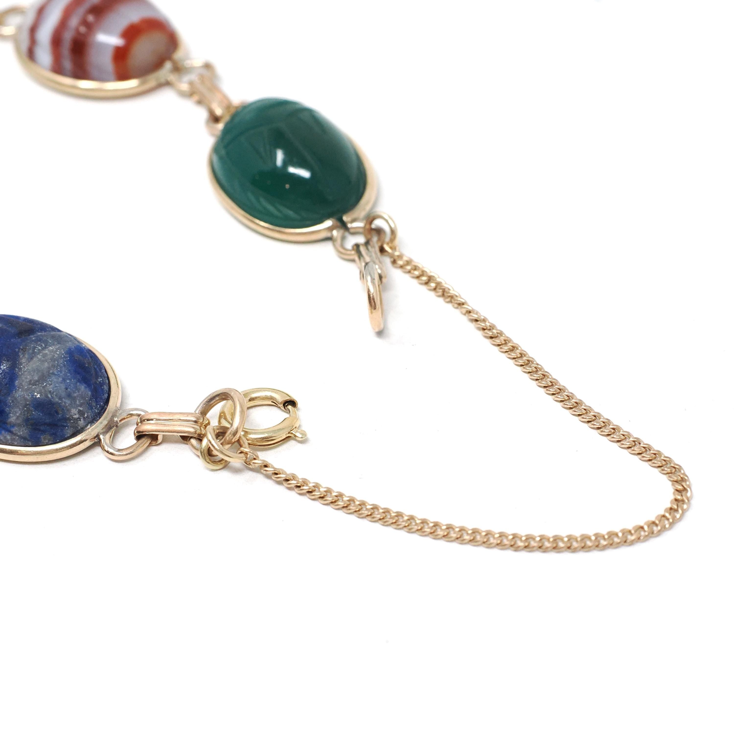Vintage Scarab Bracelet - Retro 14k Gold Filled Carved Natural Gemstones - Circa 1960s Era Egyptian Revival Style Panel Statement Jewelry