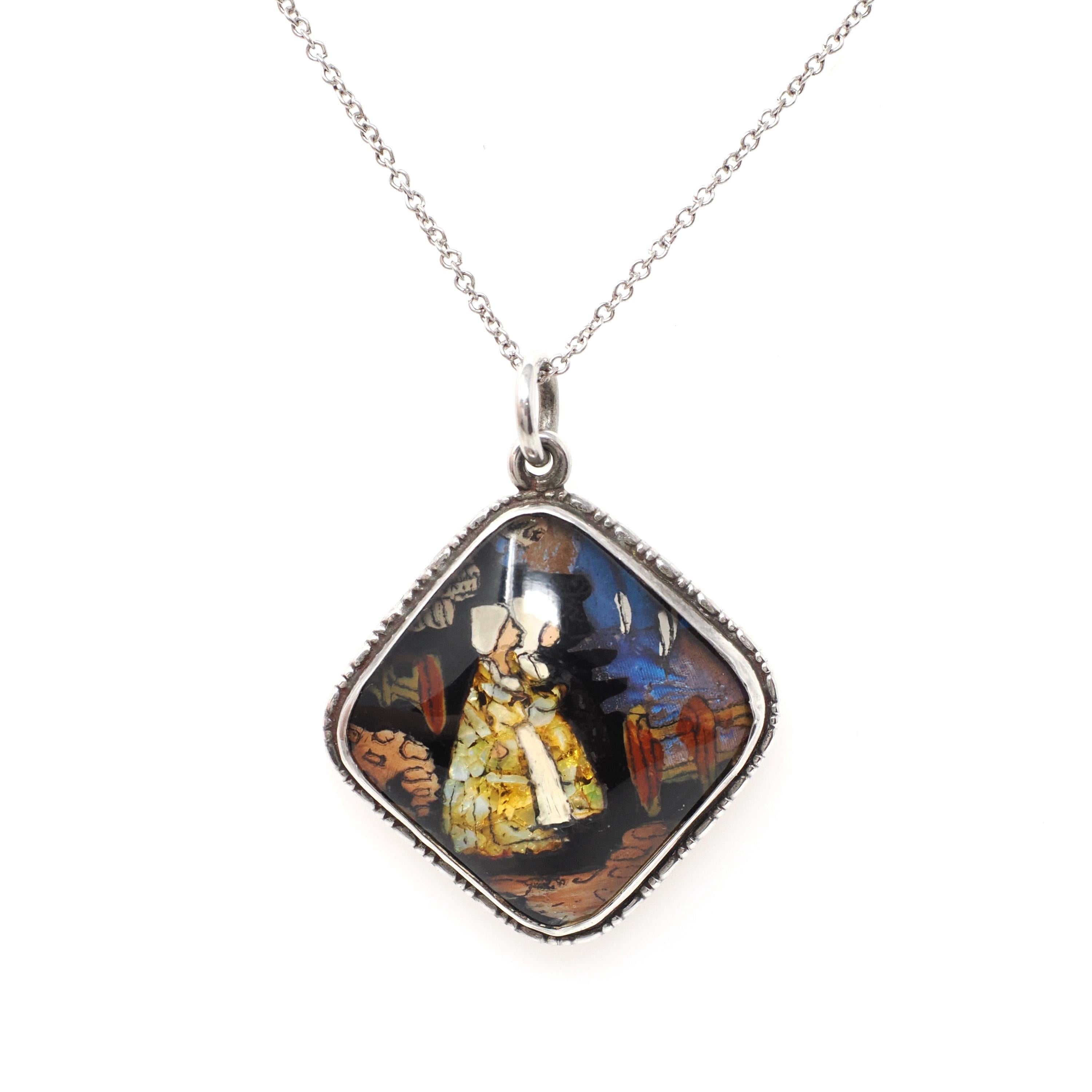 Morpho Butterfly Wing Necklace - Art Deco Sterling Silver Reverse Painted Dutch Girl Charm - Circa 1920s Patented England Opal Inlay Jewelry