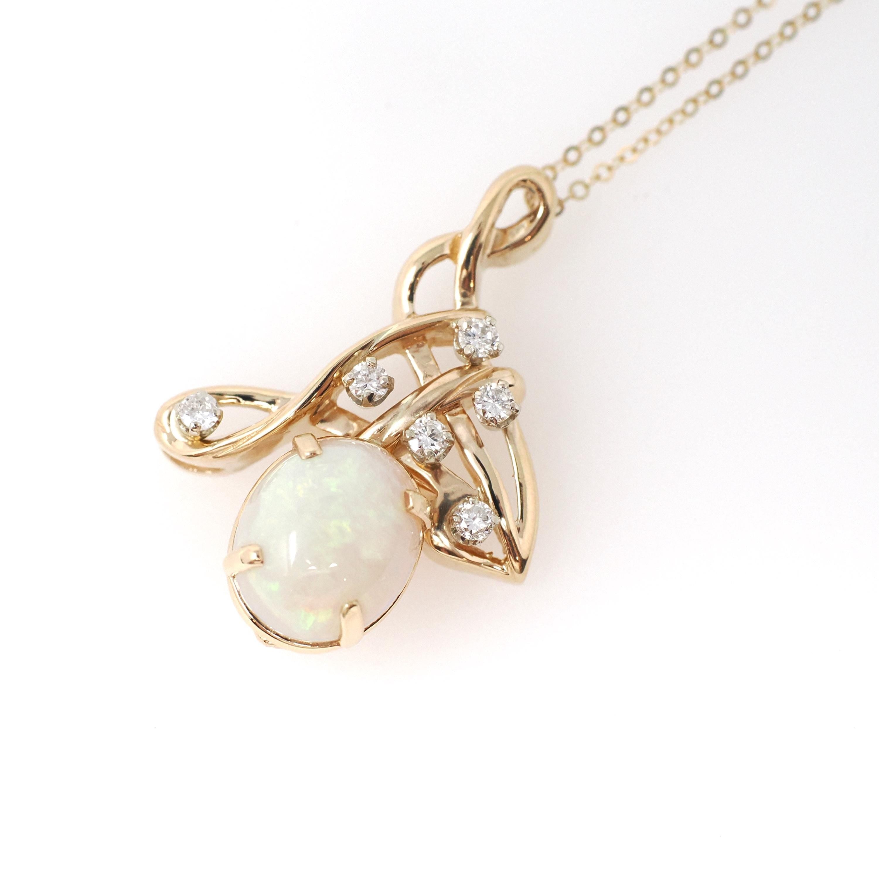 Opal & Diamond Pendant Necklace - Modern Era 14k Yellow Gold Freeform Swirl Cabochon Gemstone - Circa 1990s October Birthstone Fine Jewelry