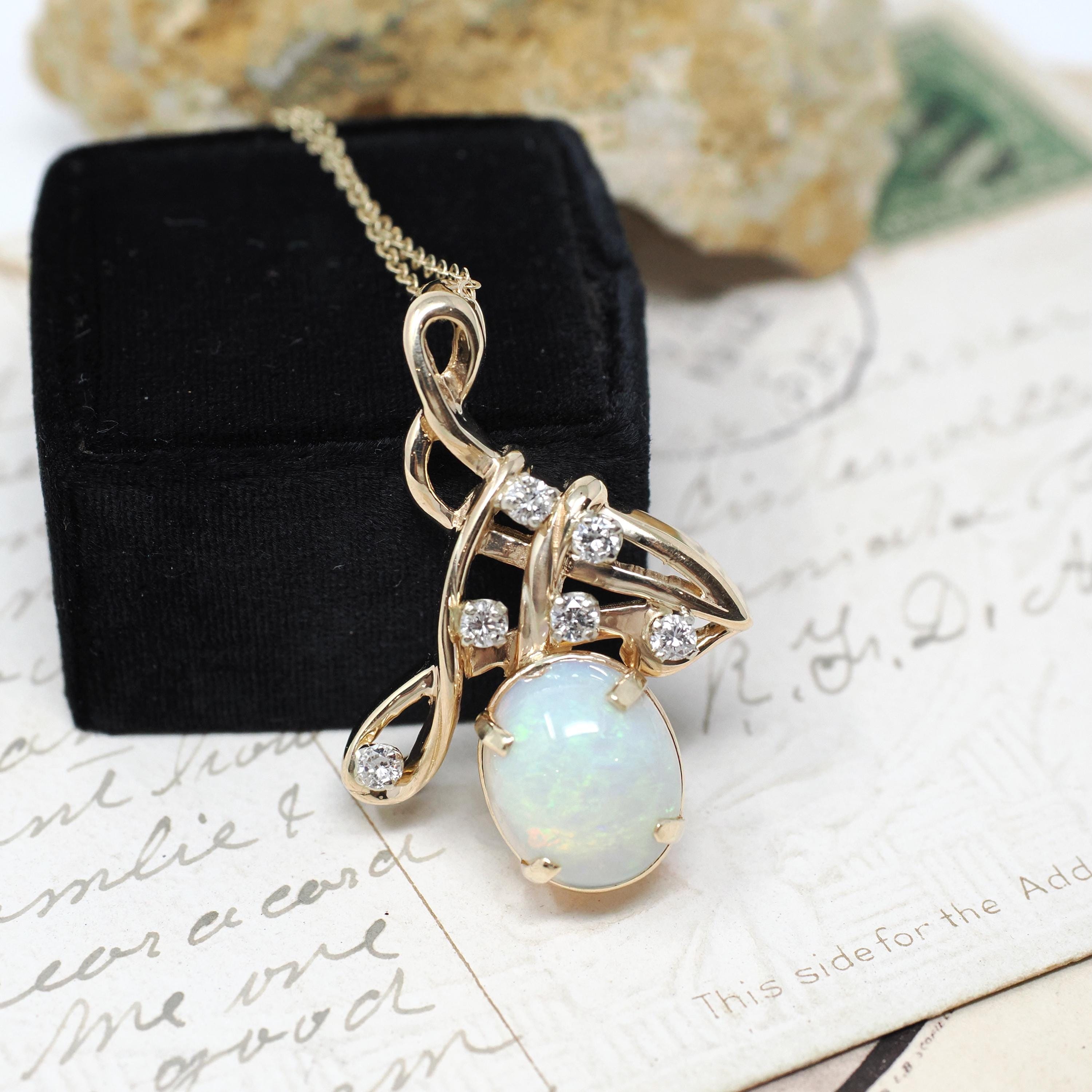 Opal & Diamond Pendant Necklace - Modern Era 14k Yellow Gold Freeform Swirl Cabochon Gemstone - Circa 1990s October Birthstone Fine Jewelry