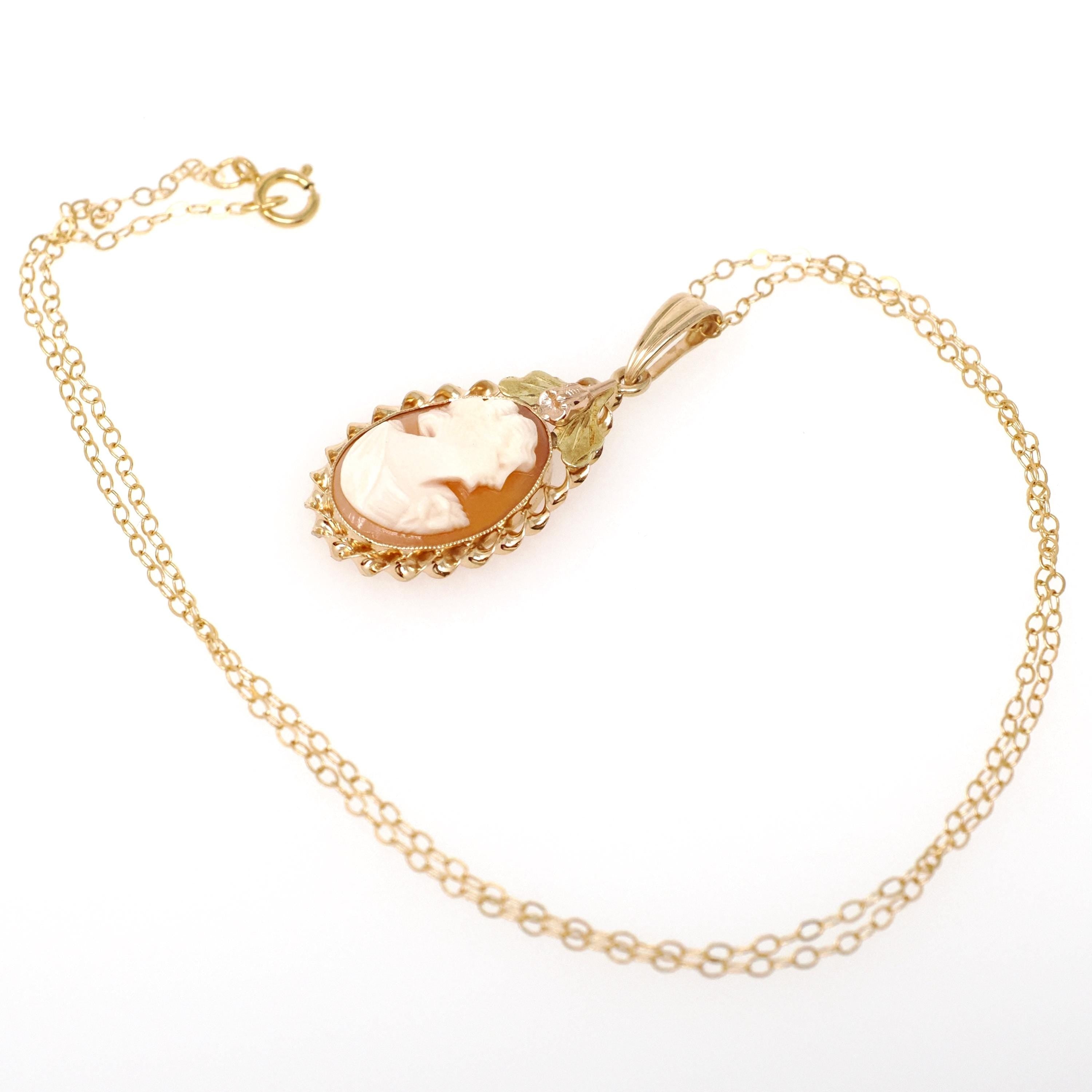 Vintage Cameo Necklace - Retro 10k Yellow & Rose Gold Oval Carved Shell Woman's Profile Pendant - Circa 1940s Era Statement Fine BDA Jewelry