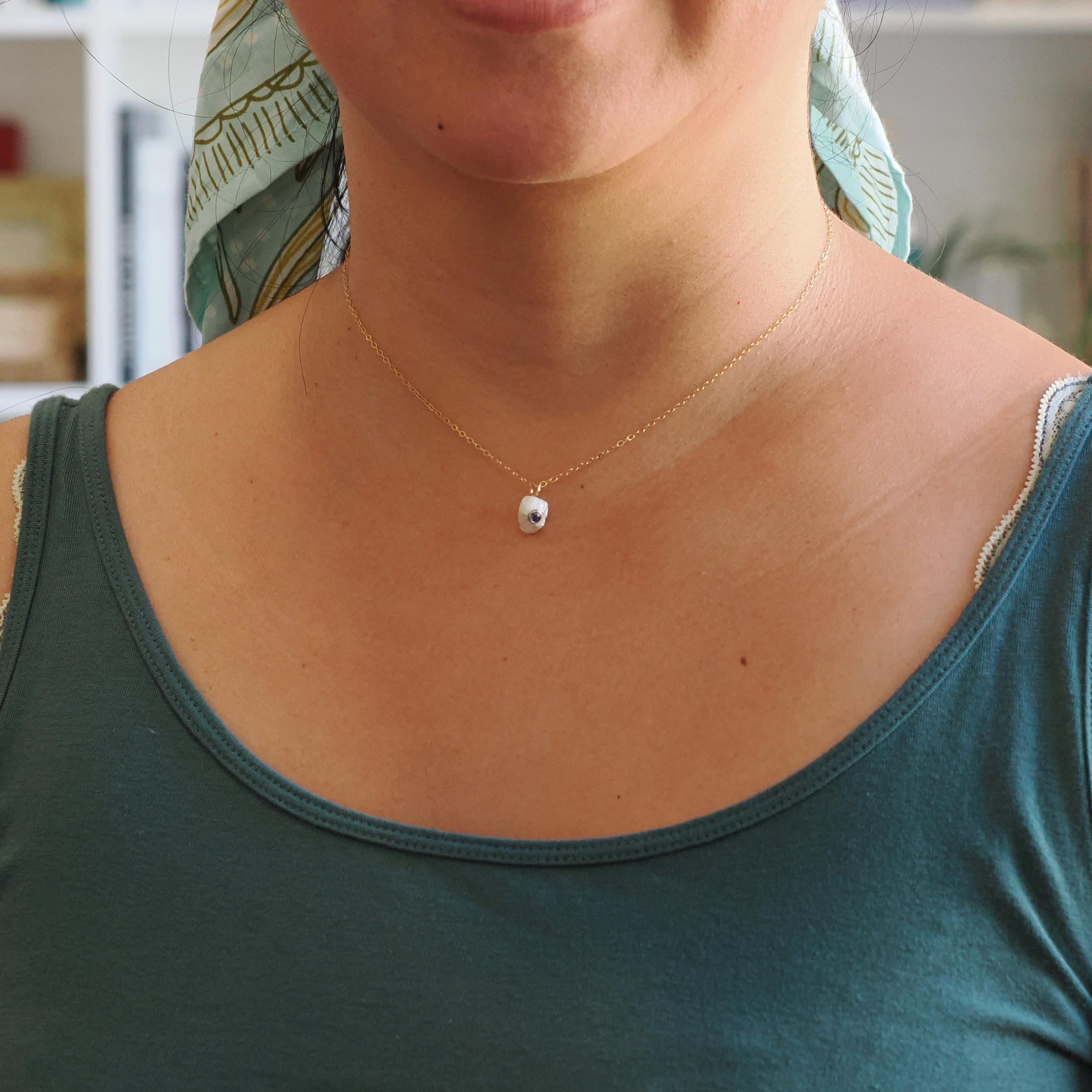 Pearl & Sapphire Charm Necklace - Antique 14k Yellow Gold Freshwater Cultured Pearl Stick Pin Conversion Pendant - Circa 1900s Fine Jewelry