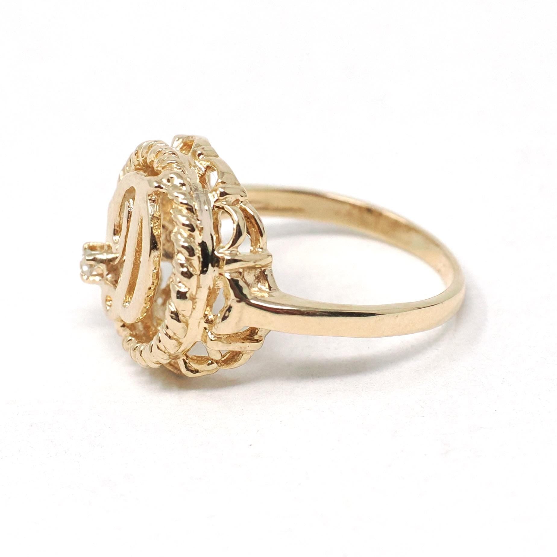 Letter "D" Ring - Estate 14k Yellow Gold Natural Diamond Twisted Rope Design - Vintage Circa 1990s Era Size 4 1/4 Statement 90s Fine Jewelry