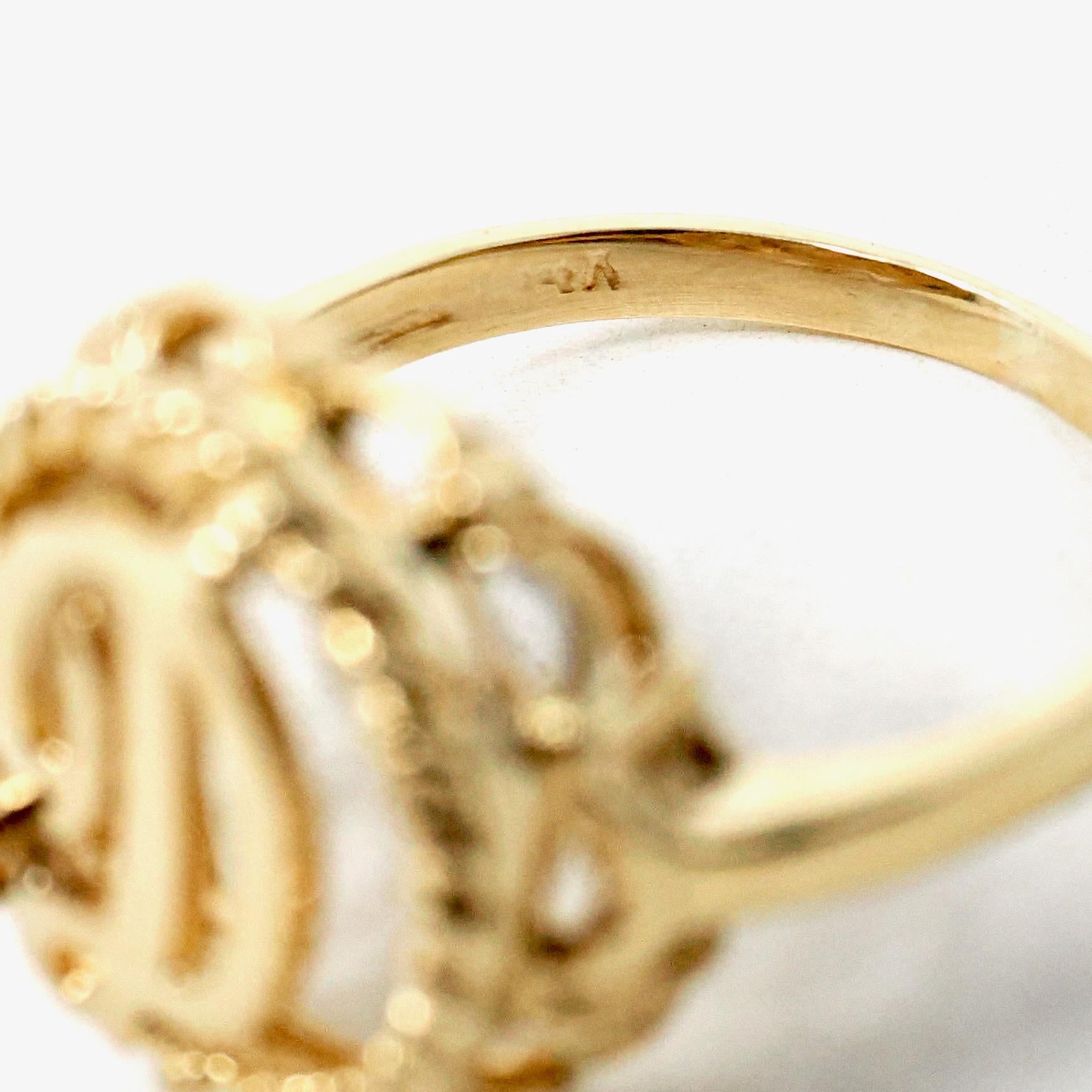 Letter "D" Ring - Estate 14k Yellow Gold Natural Diamond Twisted Rope Design - Vintage Circa 1990s Era Size 4 1/4 Statement 90s Fine Jewelry