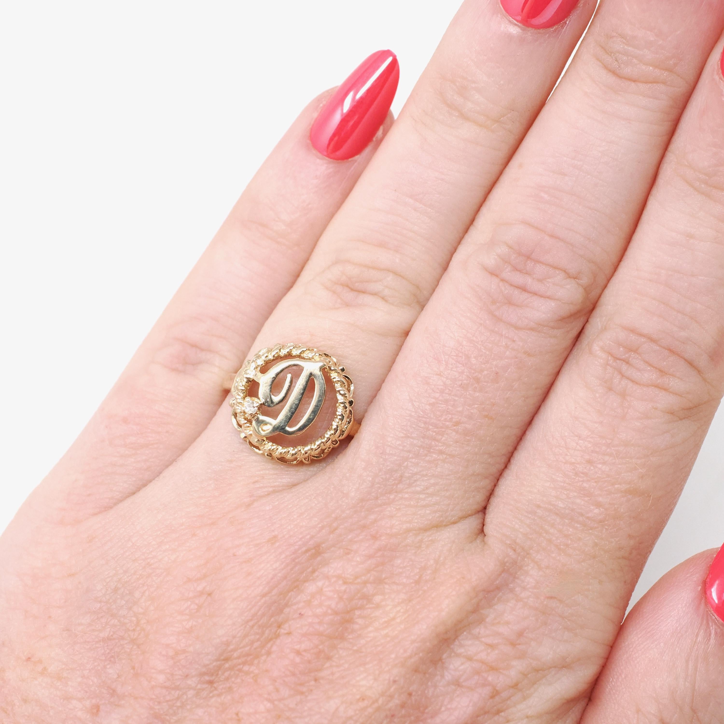 Letter "D" Ring - Estate 14k Yellow Gold Natural Diamond Twisted Rope Design - Vintage Circa 1990s Era Size 4 1/4 Statement 90s Fine Jewelry