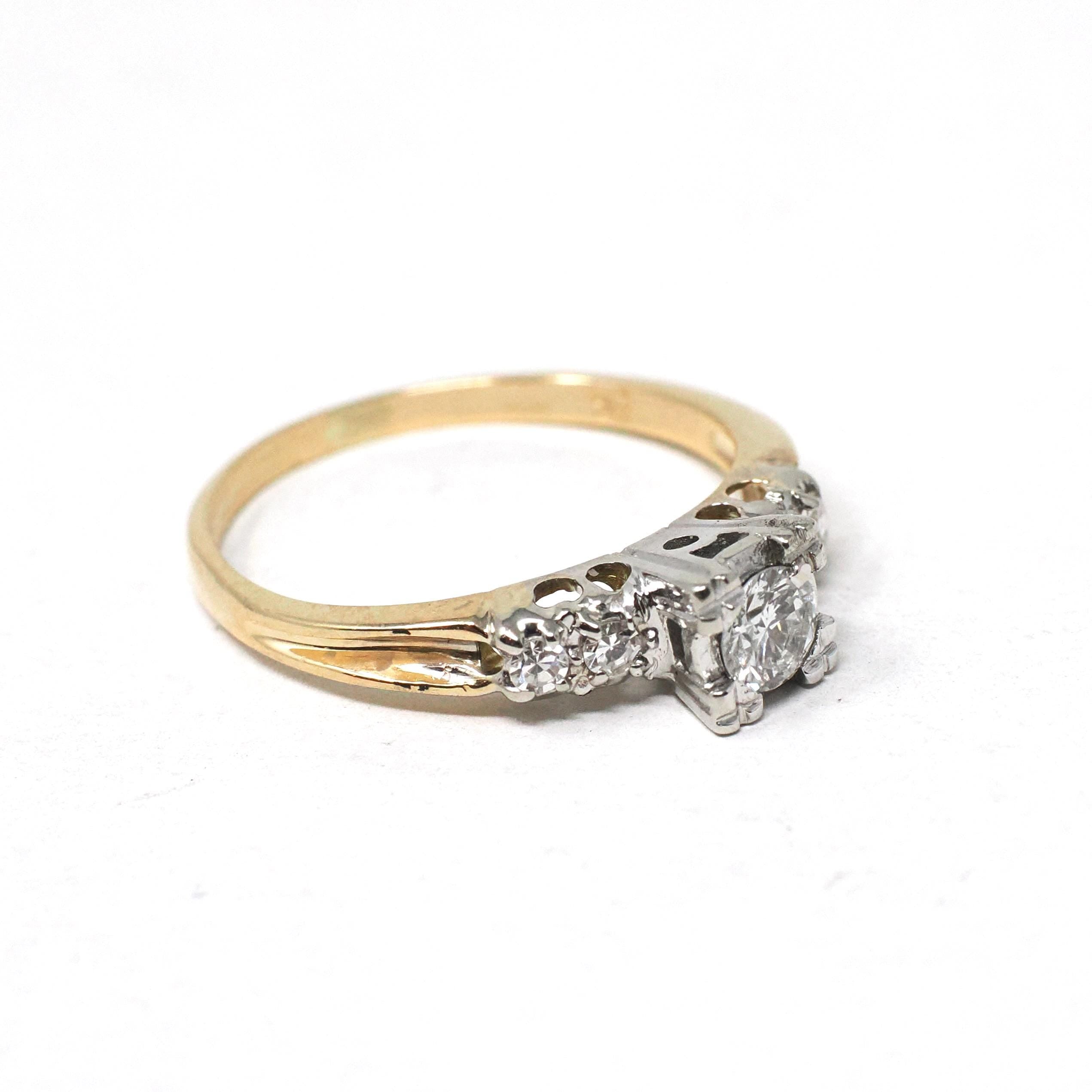 Vintage Engagement Ring - Mid Century 14k Yellow & White Gold Natural Diamond Illusion - Circa 1950s Size 6 1/4 Fine Two Tone Bridal Jewelry