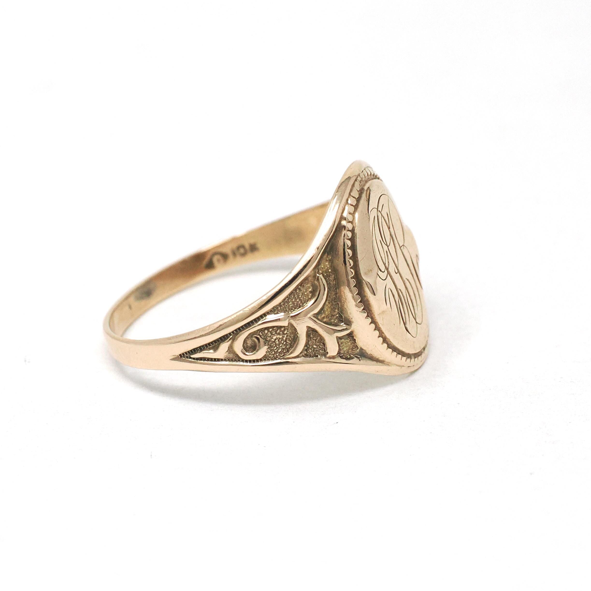 Edwardian Signet Ring - Antique 10k Yellow Gold JPR Engraved Script Monogram Initials - Art Nouveau 1910s Era Size 9 Fine Vines Jewelry
