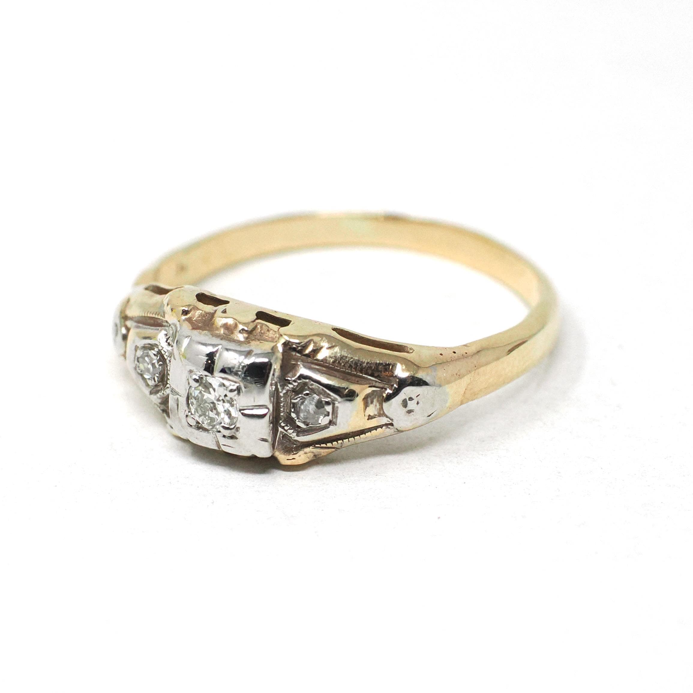 Vintage Engagement Ring - Mid Century 14k Yellow & White Gold .07 CTW Natural Diamonds - Circa 1940s Size 5.75 Two Tone Fine Bridal Jewelry