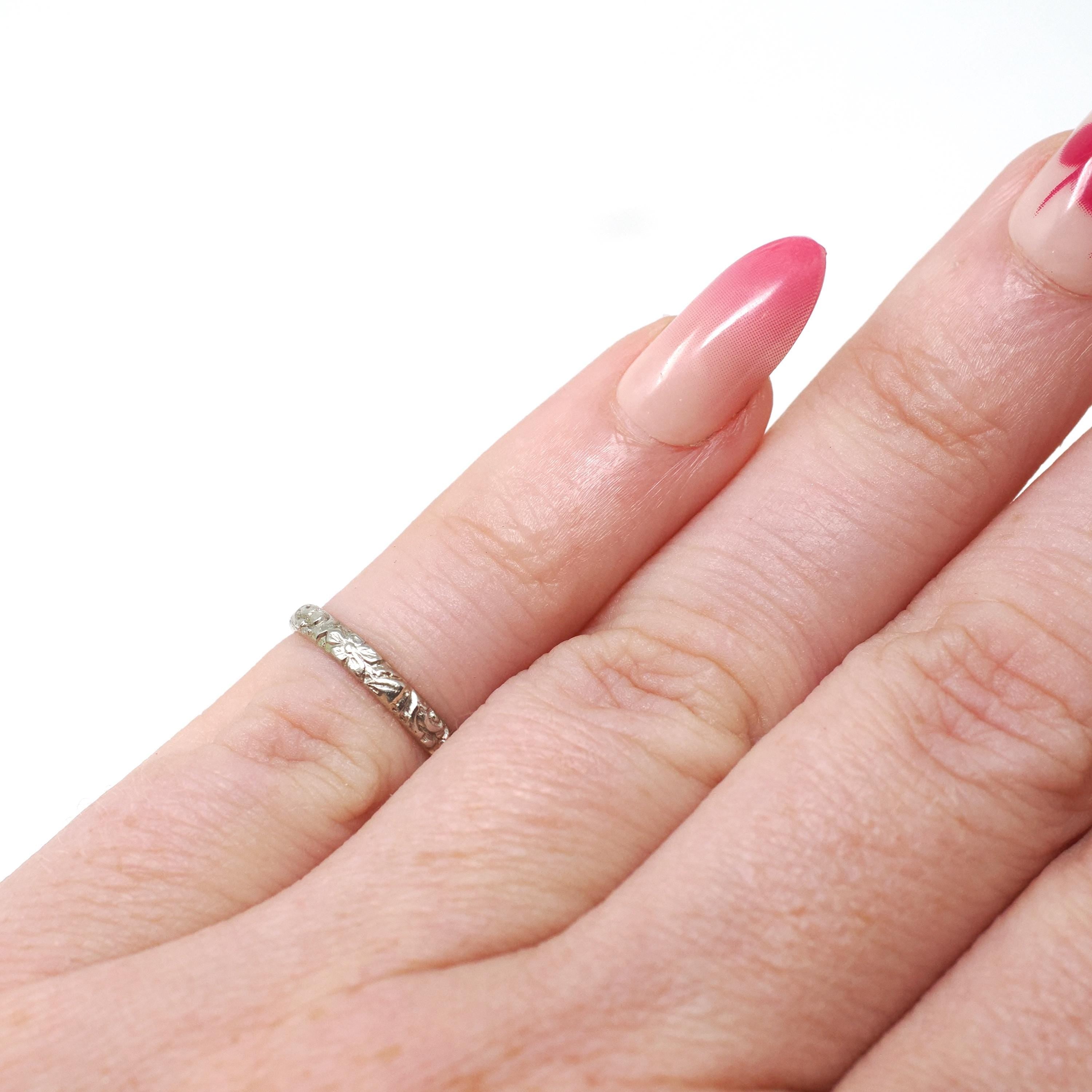 Vintage Baby Band - Art Deco 10k White Gold Nature Floral Eternity Design Ring - Circa 1930s Era Size 1 Fine Midi Pinky Children's Jewelry
