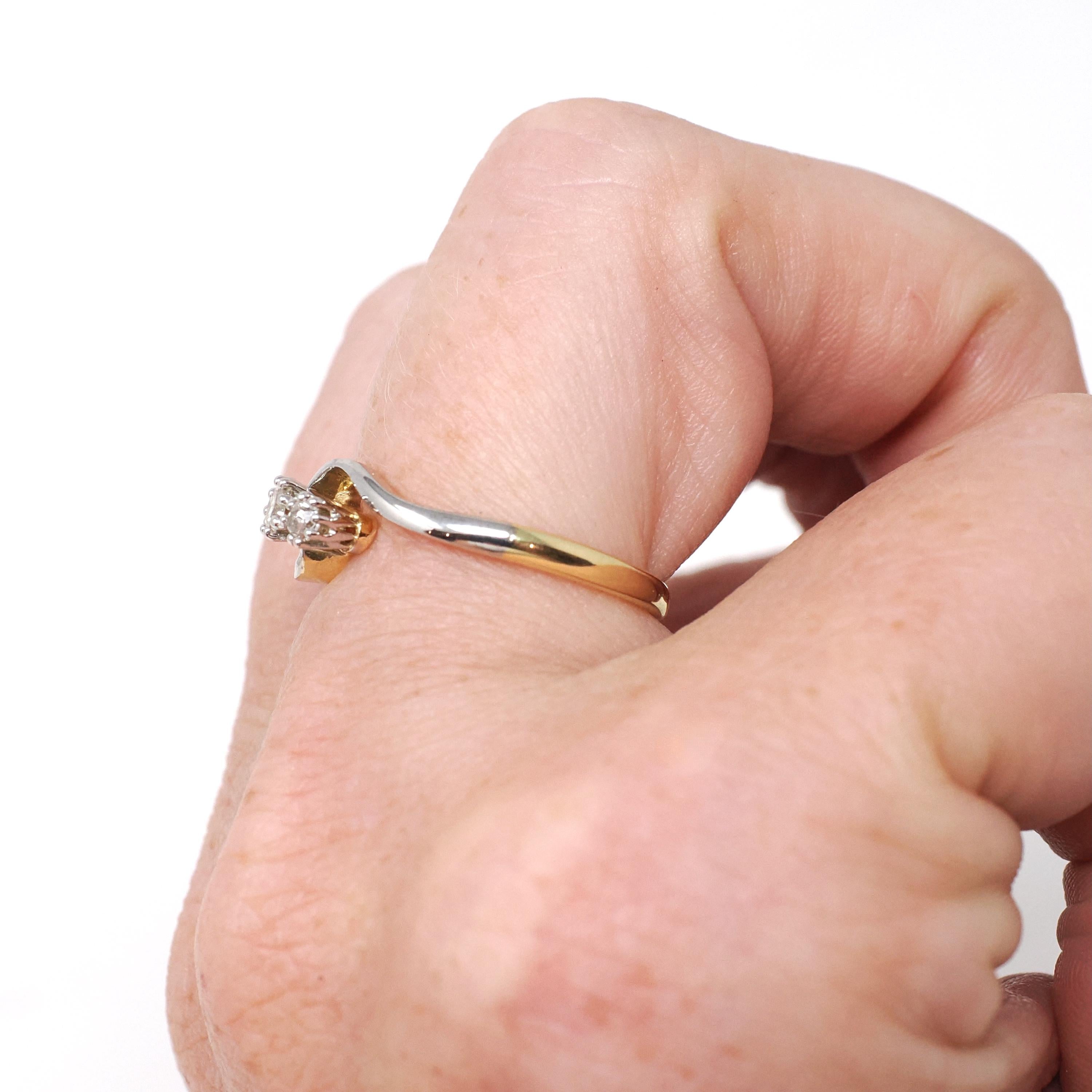 Diamond Bypass Ring - Art Deco 18k Yellow & White Gold .16 CTW Old European Cut Band - Circa 1930s Era Size 6 Fine Bridal Engagement Jewelry