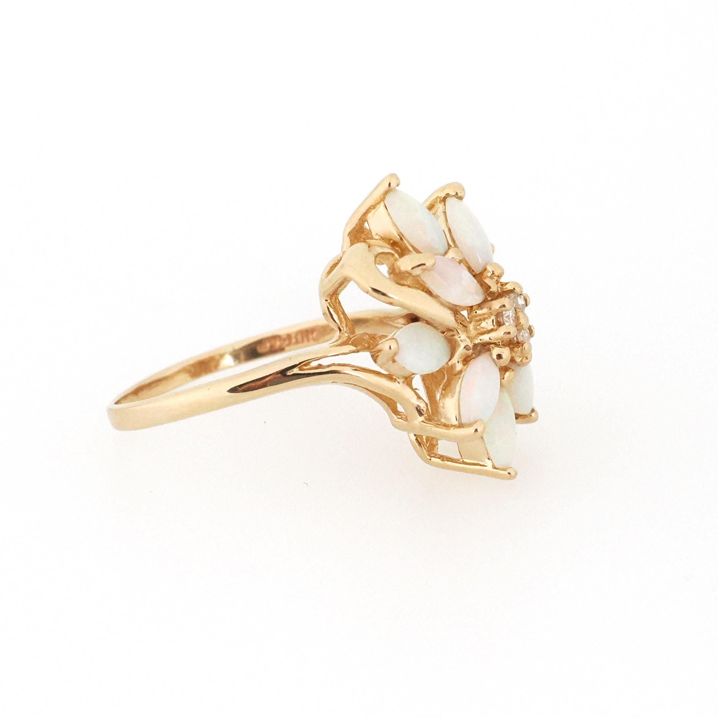 Opal Cluster Ring - Vintage 14k Yellow Gold Natural Gemstones & .03 CTW Diamond Accent - Retro Circa 1970s Size 8 1/2 Fine Floral Jewelry