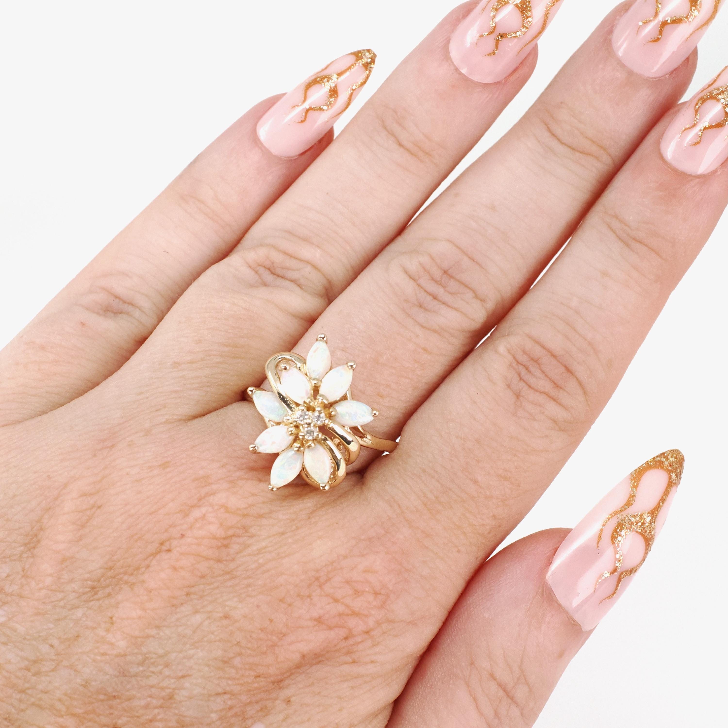 Opal Cluster Ring - Vintage 14k Yellow Gold Natural Gemstones & .03 CTW Diamond Accent - Retro Circa 1970s Size 8 1/2 Fine Floral Jewelry