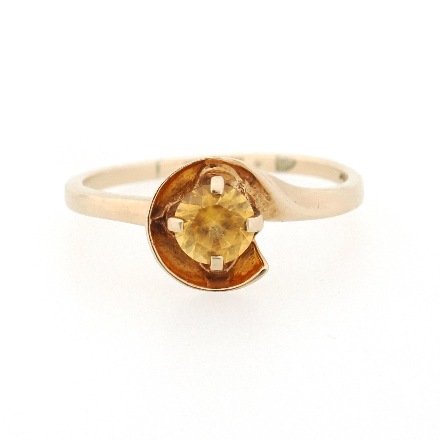 Created Yellow Sapphire Ring - Mid Century 10k Yellow Gold Round Faceted Stone - Vintage Circa 1940s Size 9 1/4 Solitaire Style Fine Jewelry