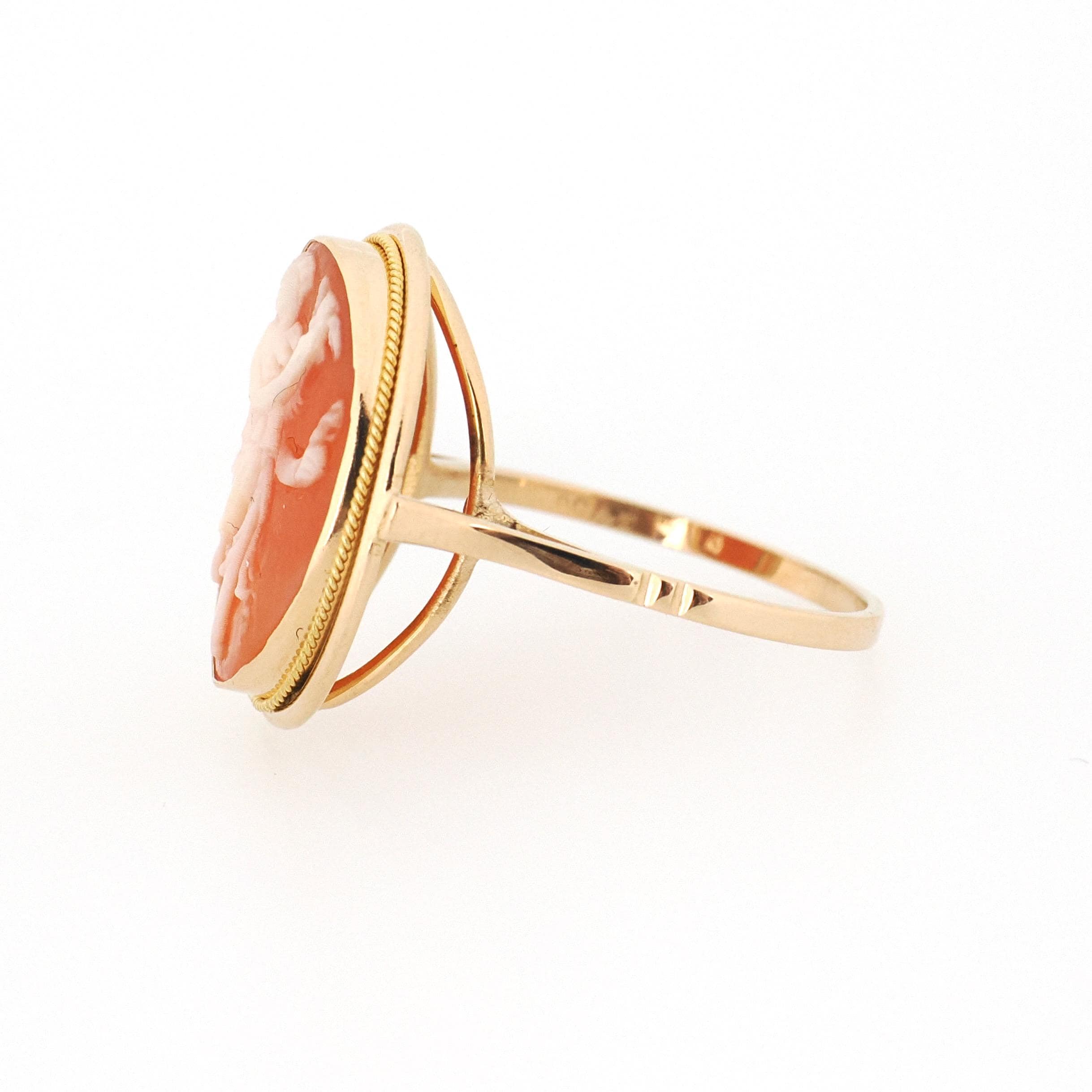 Vintage Cameo Ring - Mid Century 18k Yellow Gold Carved Shell Twisted Rope Solitaire - Circa 1940s Size 6 1/4 Full Body Muse Fine Jewelry
