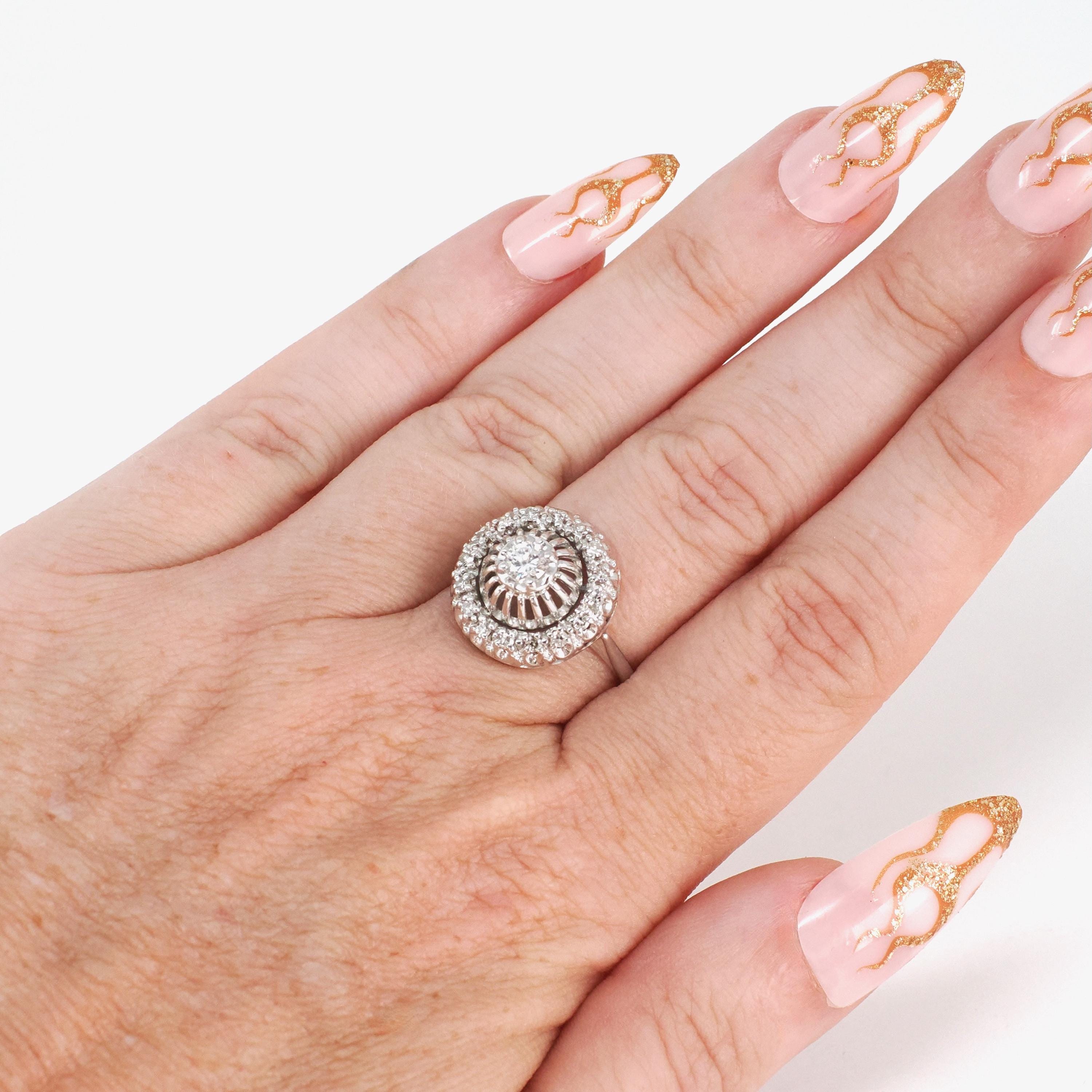 Diamond Halo Ring - Mid Century 14k White Gold .47 CTW Natural Prong Set Tiered Cluster - Vintage Circa 1950s Size 6 Fine Engagement Jewelry
