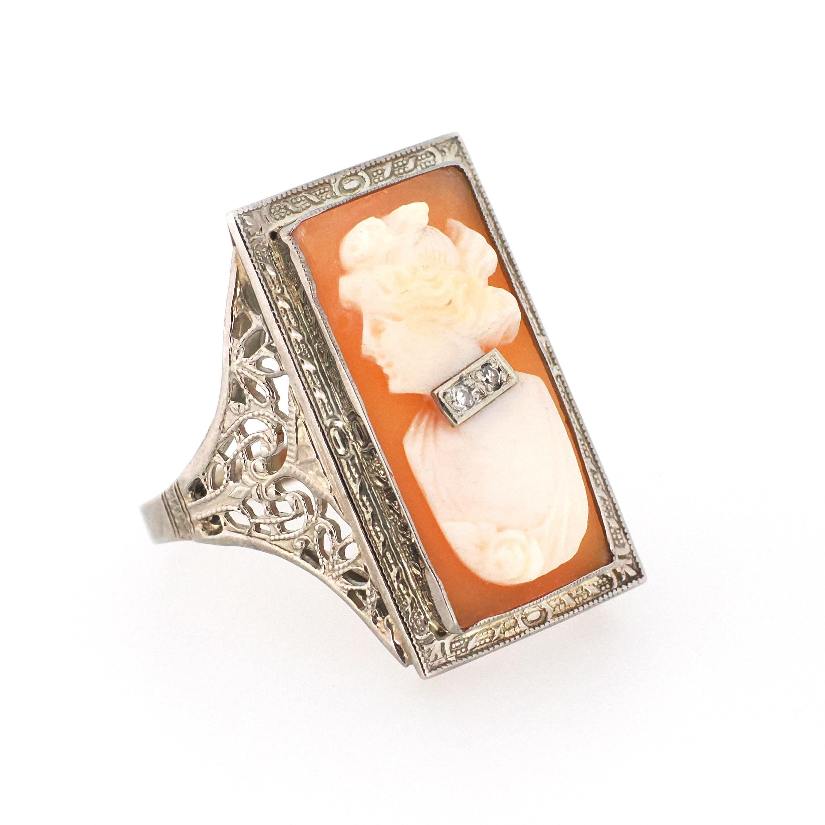 Vintage Cameo Habillé Ring - Art Deco 14k White Gold Carved Shell & Natural Diamonds - Circa 1930s Era Size 9 Portrait Fine Filigree Jewelry