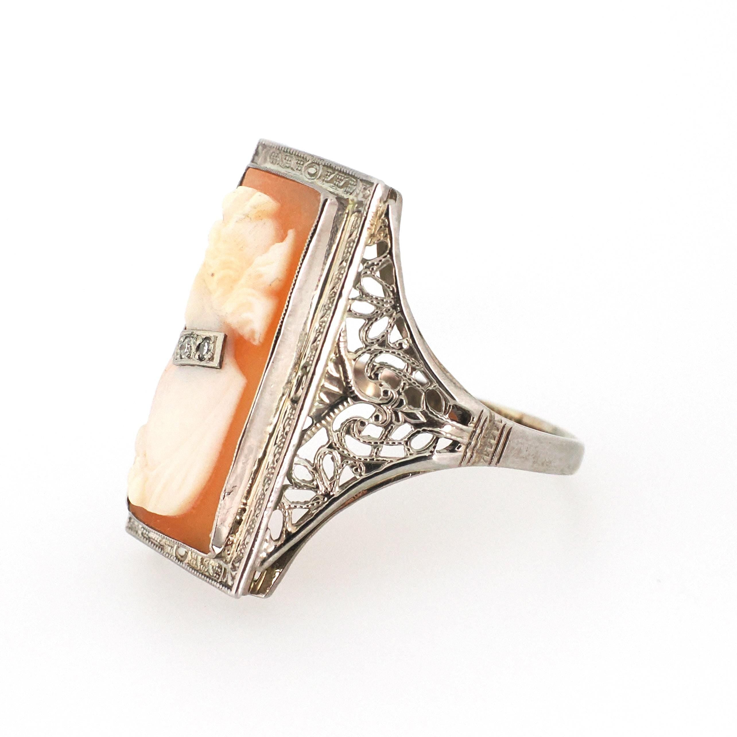 Vintage Cameo Habillé Ring - Art Deco 14k White Gold Carved Shell & Natural Diamonds - Circa 1930s Era Size 9 Portrait Fine Filigree Jewelry