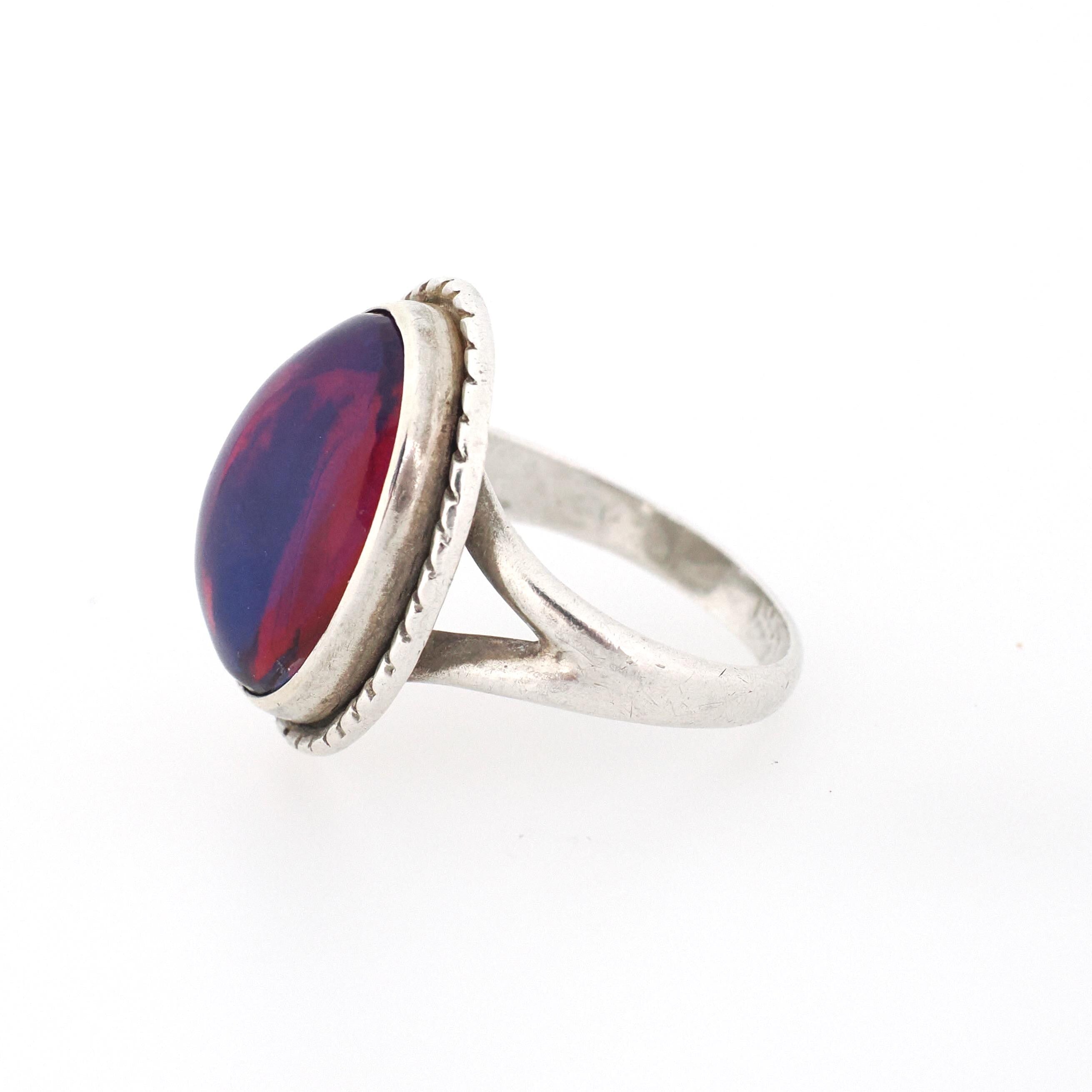 Dragon's Breath Ring - Art Deco Sterling Silver Purple Blue Red Orange Art Glass - Vintage Circa 1930s Era Size 4 1/4 Cabochon Cut Jewelry