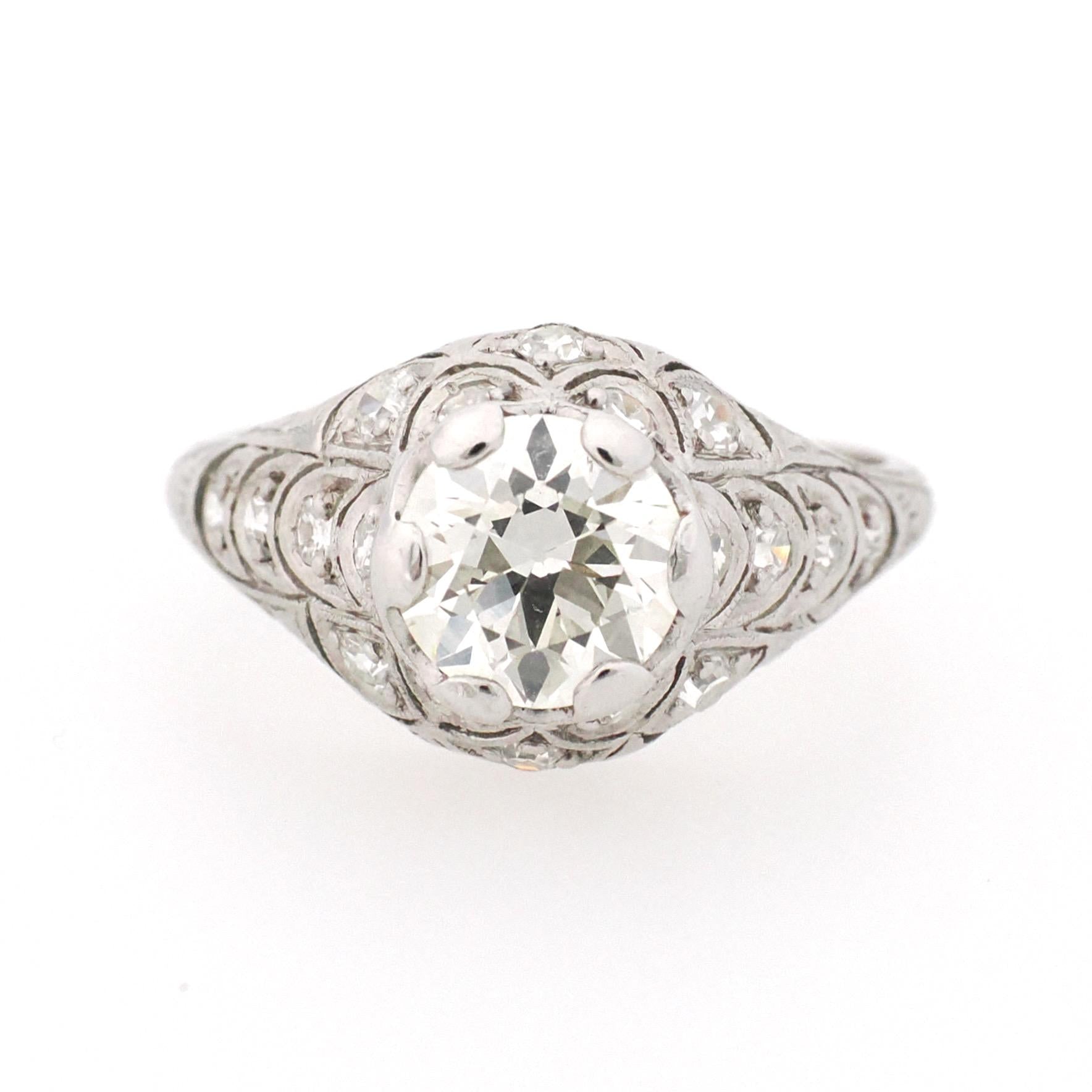 1.18 ct Old European Cut Diamond Ring - Platinum 1.53 CTW Natural Diamond Filigree Engagement - Circa 1920s Era Size 6 Mermaid Fine Jewelry