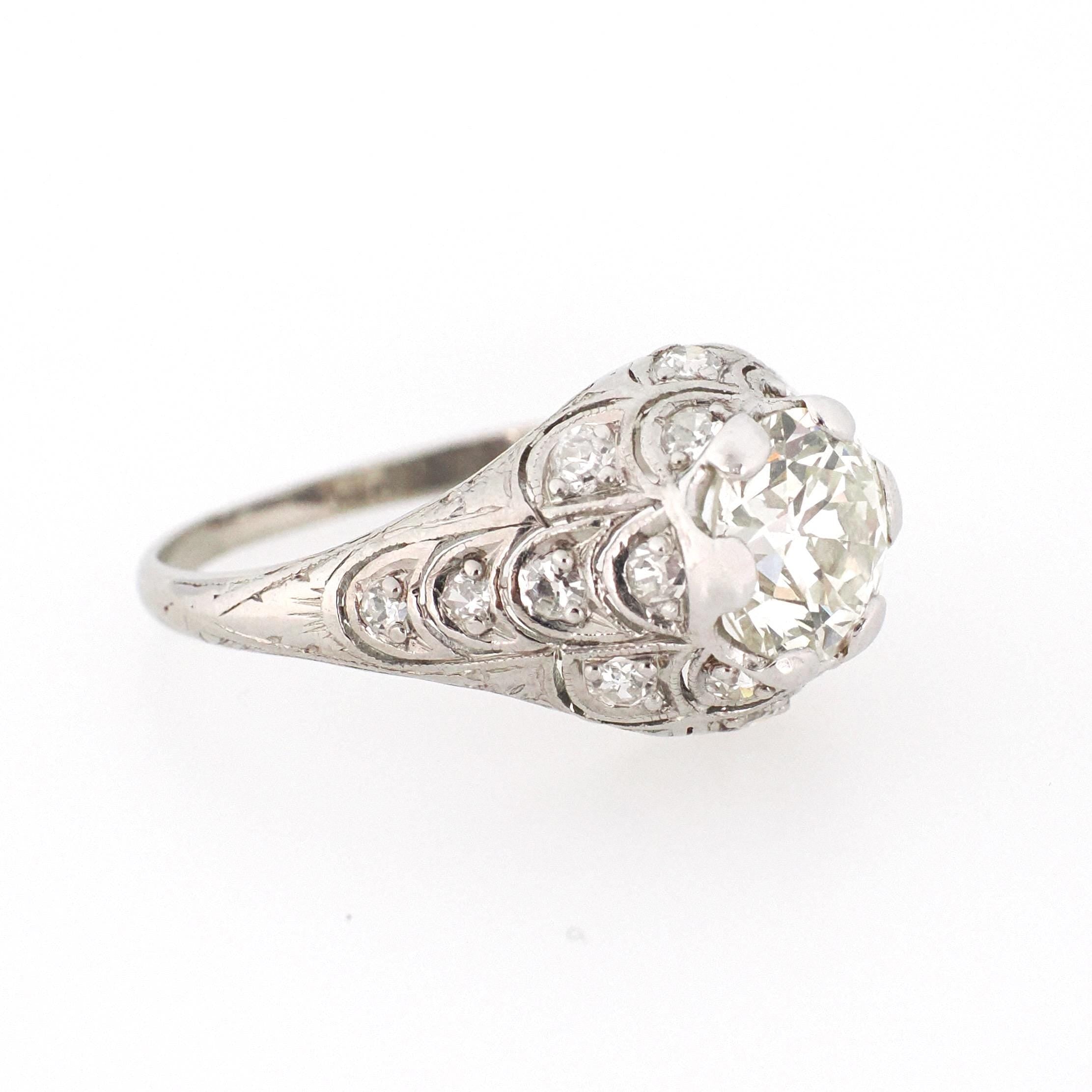 1.18 ct Old European Cut Diamond Ring - Platinum 1.53 CTW Natural Diamond Filigree Engagement - Circa 1920s Era Size 6 Mermaid Fine Jewelry