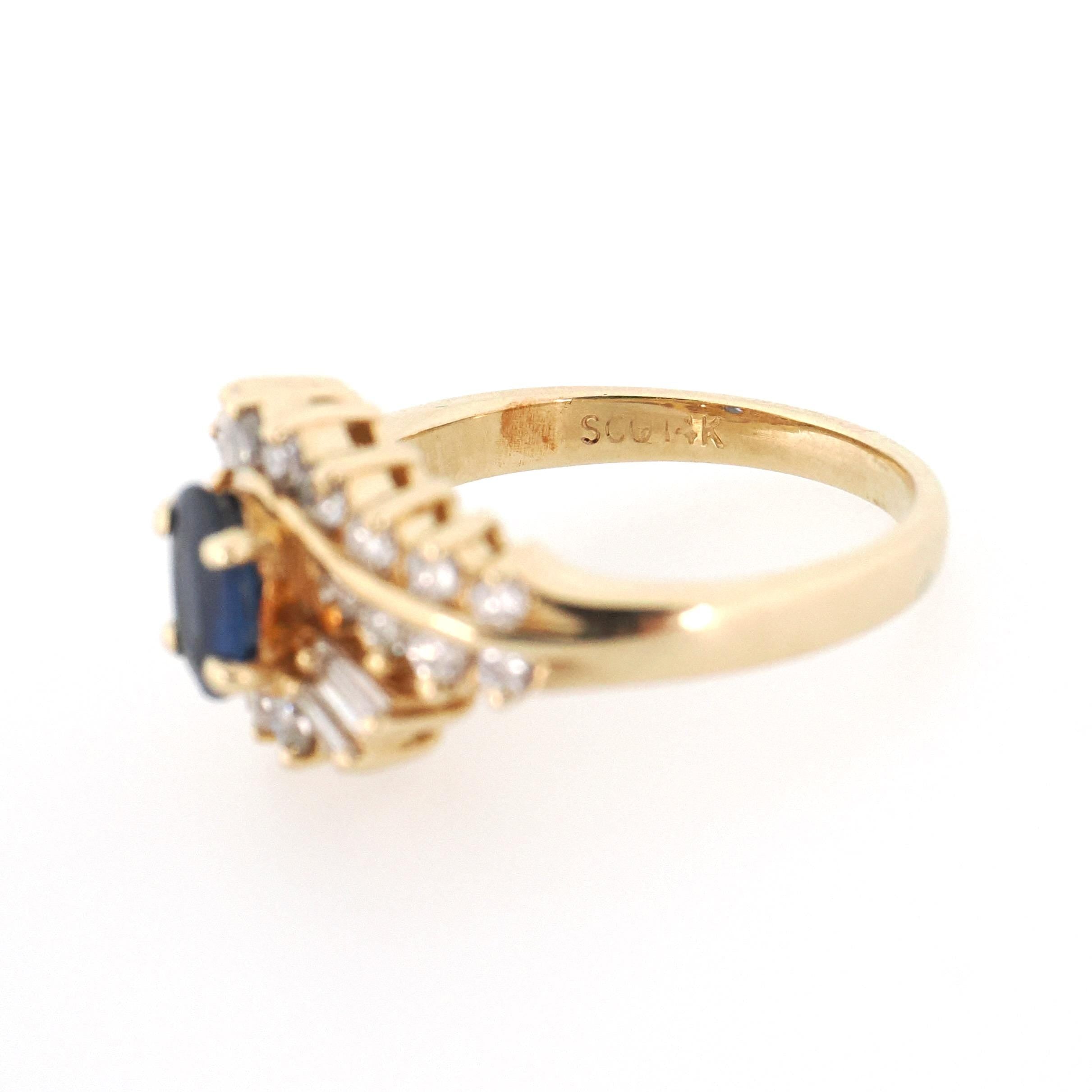 Ballerina Halo Ring - Estate 14k Yellow Gold .46 CT Natural Blue Sapphire .54 CTW Diamonds - Modern 1990s Size 4.25 Engagement Fine Jewelry