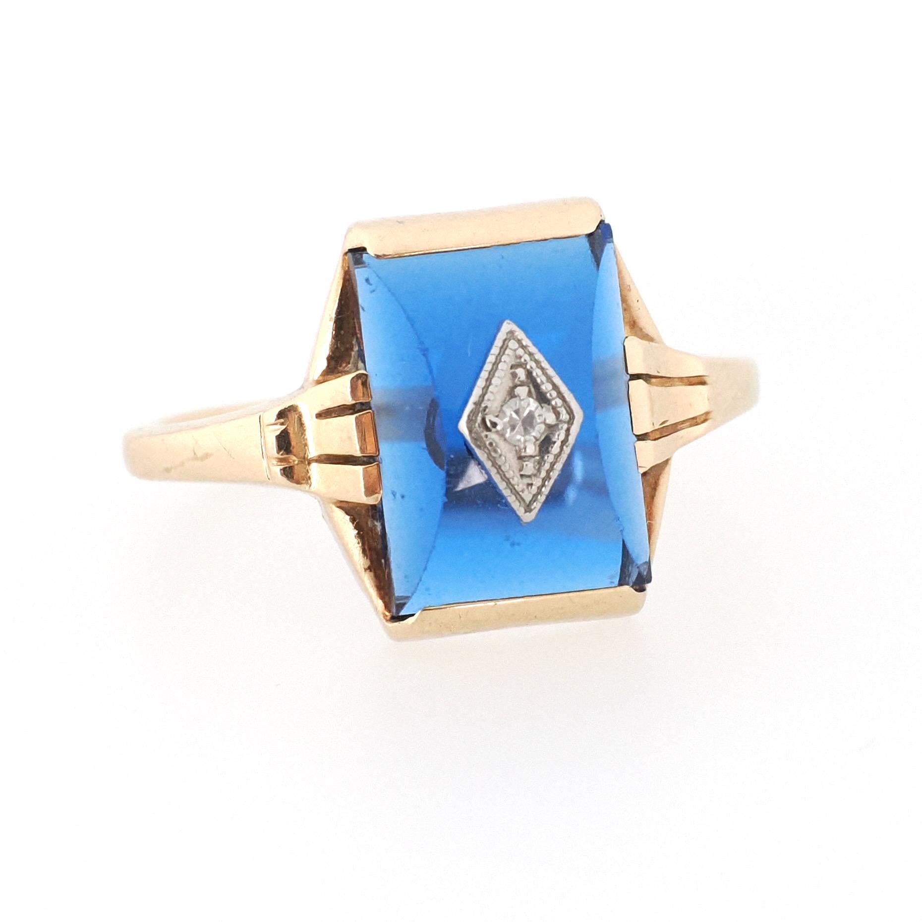 Created Blue Spinel Ring - Mid Century 10k Yellow Gold Fancy Cut Stone & Natural Diamond Signet - Circa 1940s Era Size 6 Fine Unisex Jewelry