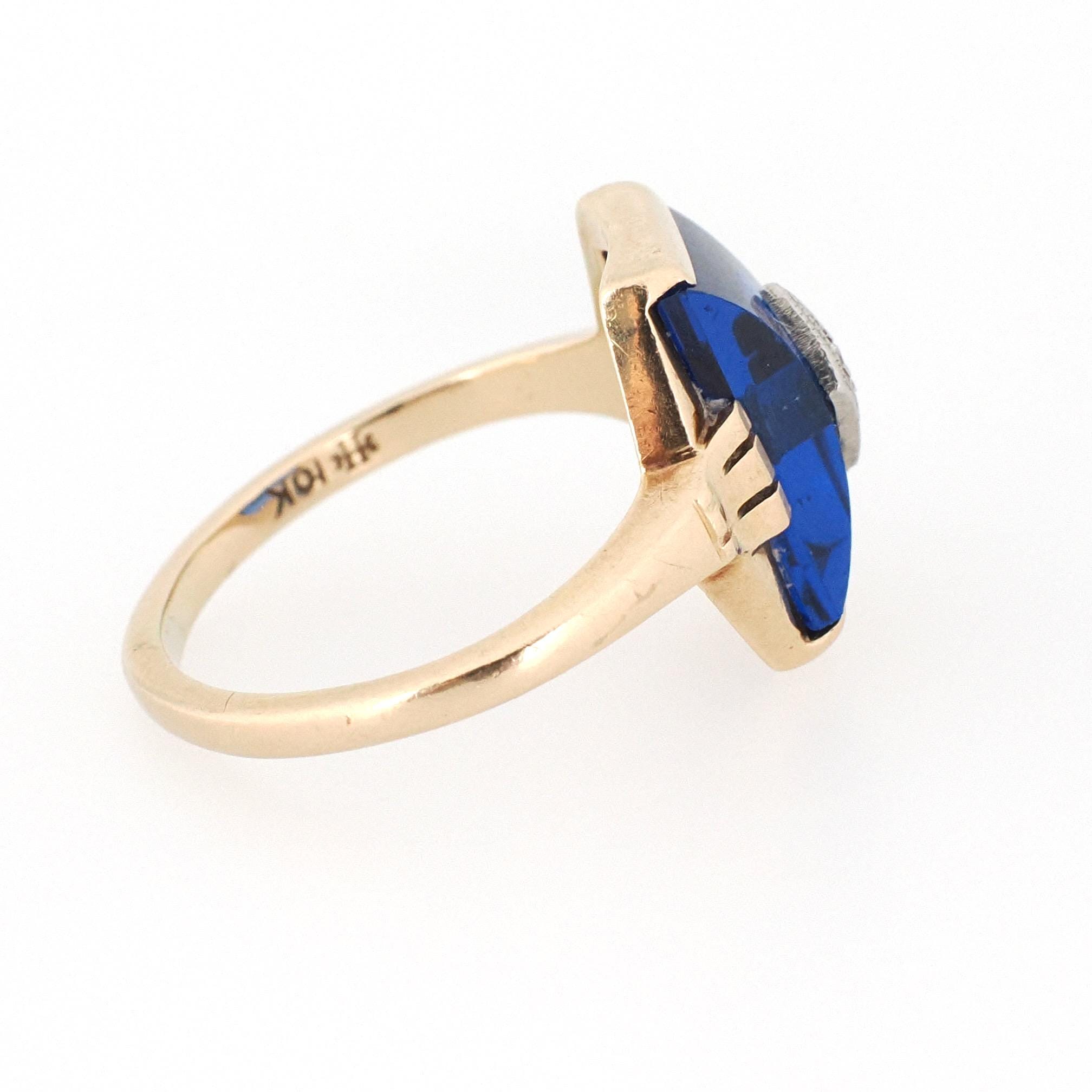 Created Blue Spinel Ring - Mid Century 10k Yellow Gold Fancy Cut Stone & Natural Diamond Signet - Circa 1940s Era Size 6 Fine Unisex Jewelry