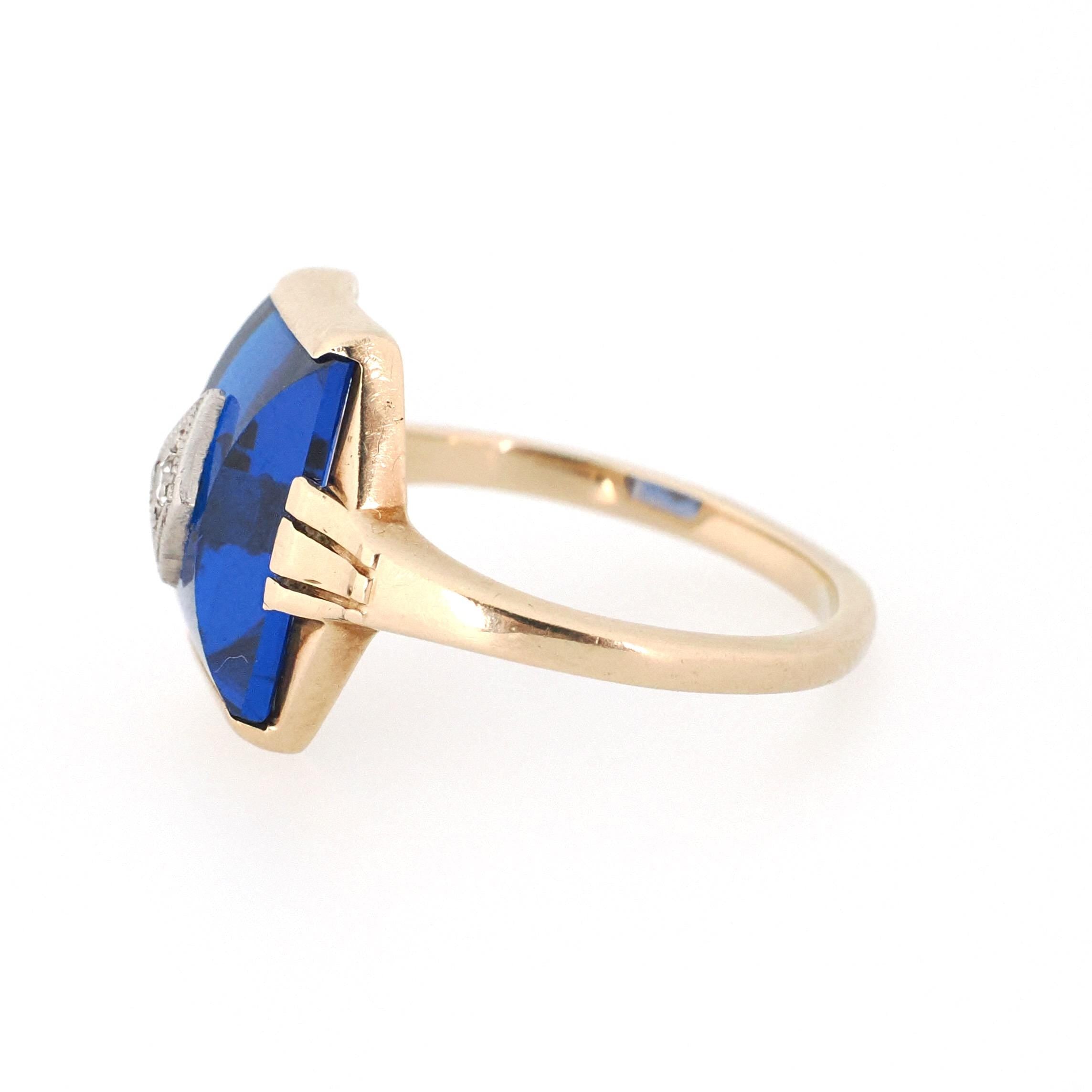 Created Blue Spinel Ring - Mid Century 10k Yellow Gold Fancy Cut Stone & Natural Diamond Signet - Circa 1940s Era Size 6 Fine Unisex Jewelry