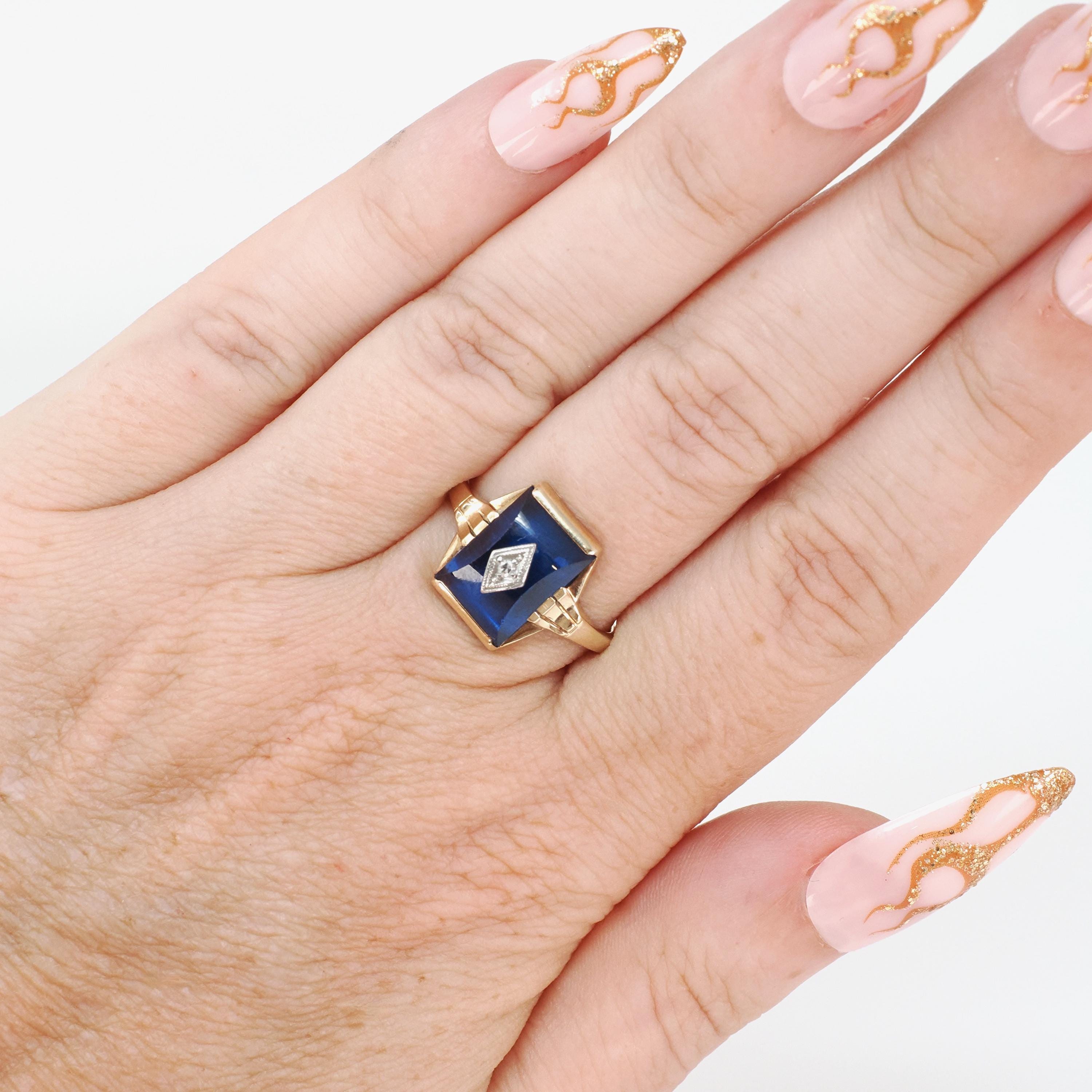 Created Blue Spinel Ring - Mid Century 10k Yellow Gold Fancy Cut Stone & Natural Diamond Signet - Circa 1940s Era Size 6 Fine Unisex Jewelry