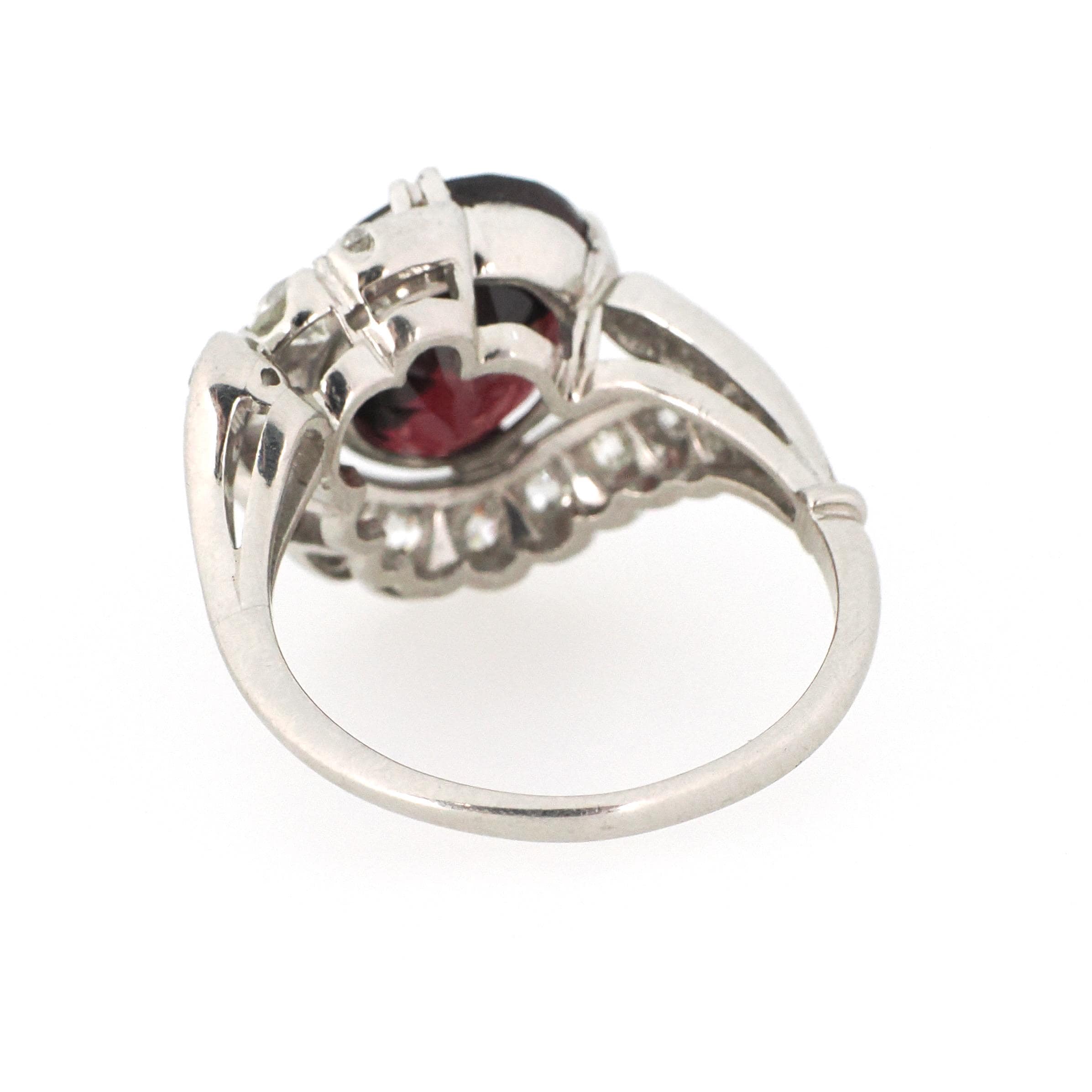 Bypass Halo Ring - Mid Century Platinum 6.55 CT Natural Red Garnet .91 CTW Diamond Swirl Engagement - Circa 1950s Size 6 1/2 Fine Jewelry