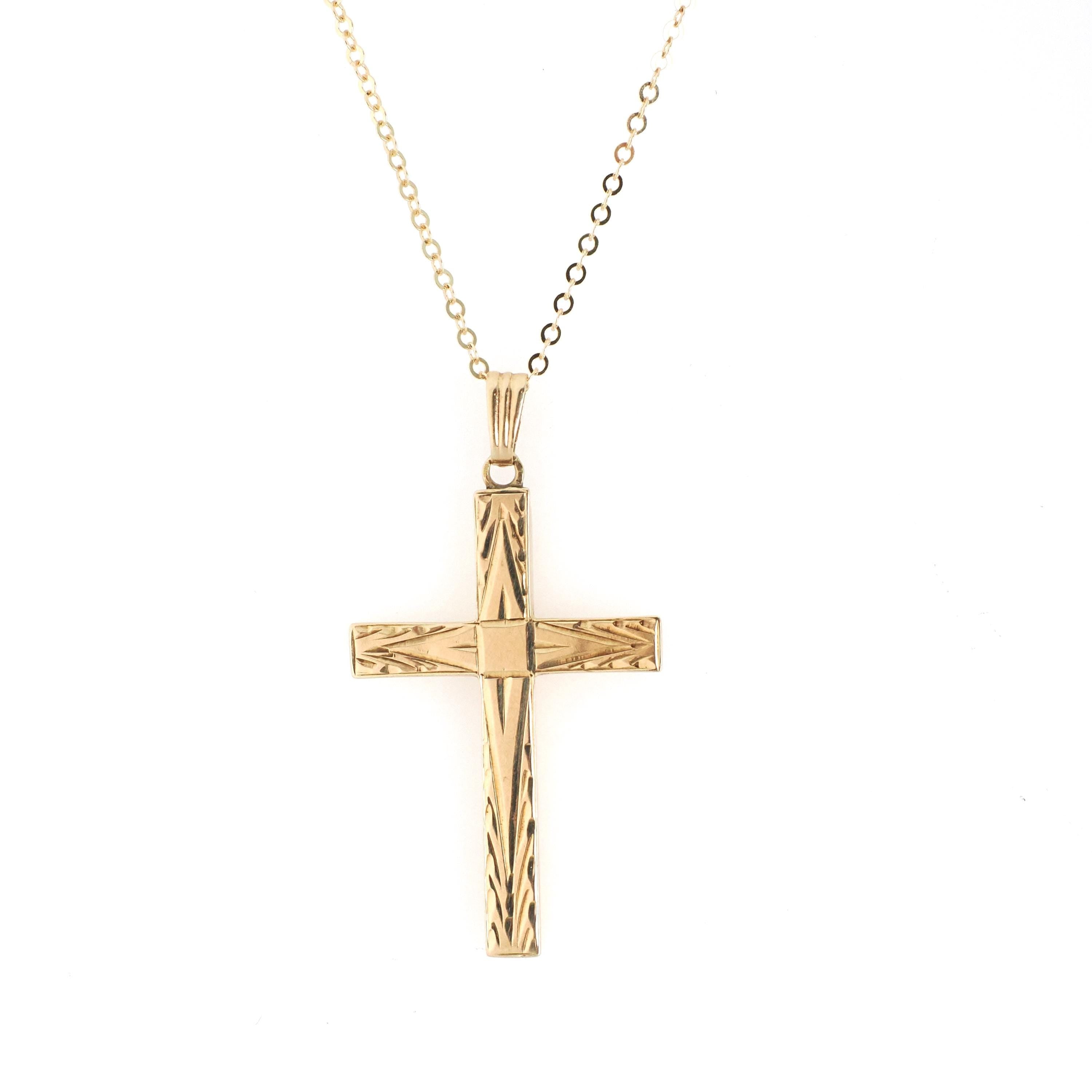 Vintage Cross Necklace - Mid Century 14k Yellow Gold Engraved Etched Pendant Charm - Circa 1950s Era Petite Religious Faith Esemco Jewelry