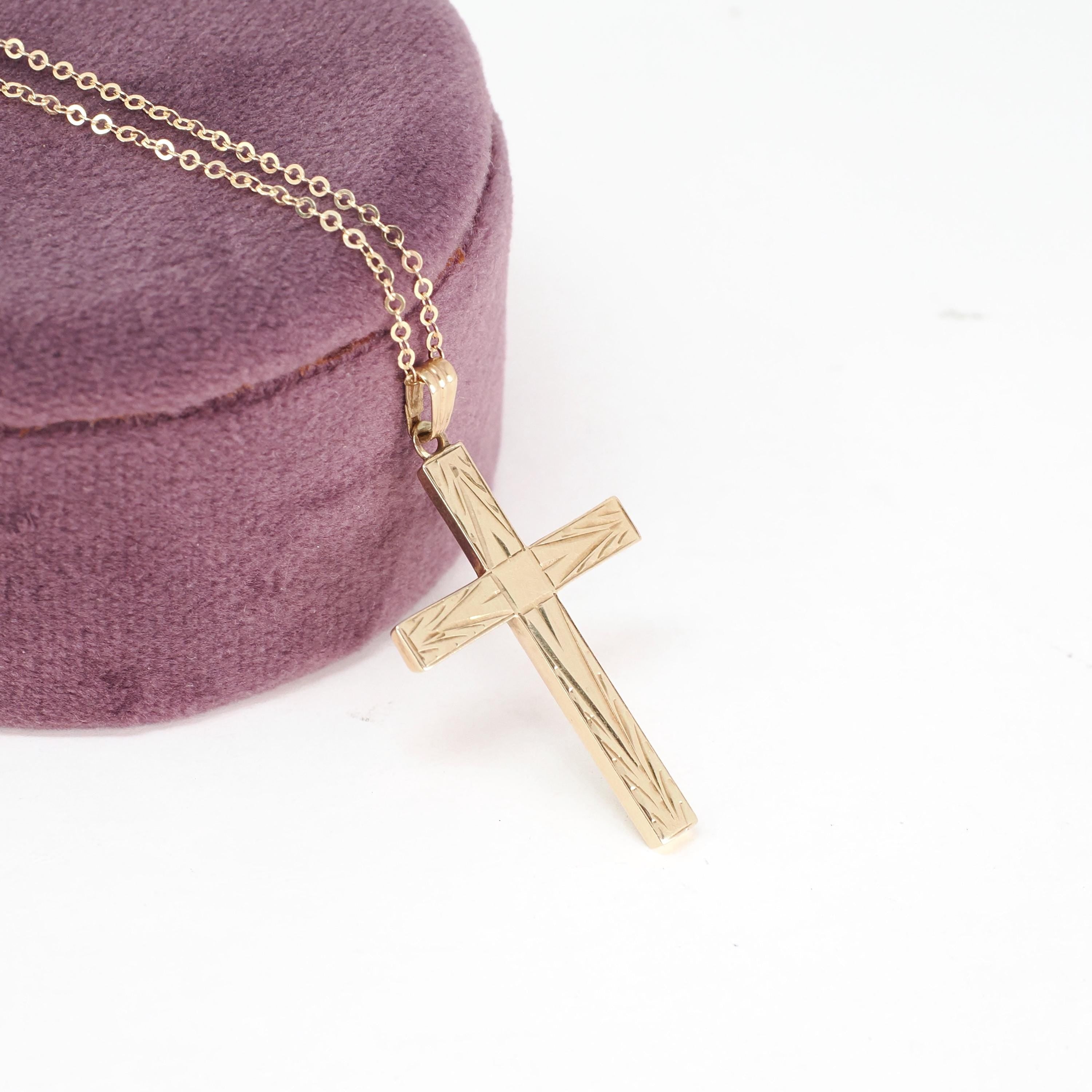 Vintage Cross Necklace - Mid Century 14k Yellow Gold Engraved Etched Pendant Charm - Circa 1950s Era Petite Religious Faith Esemco Jewelry