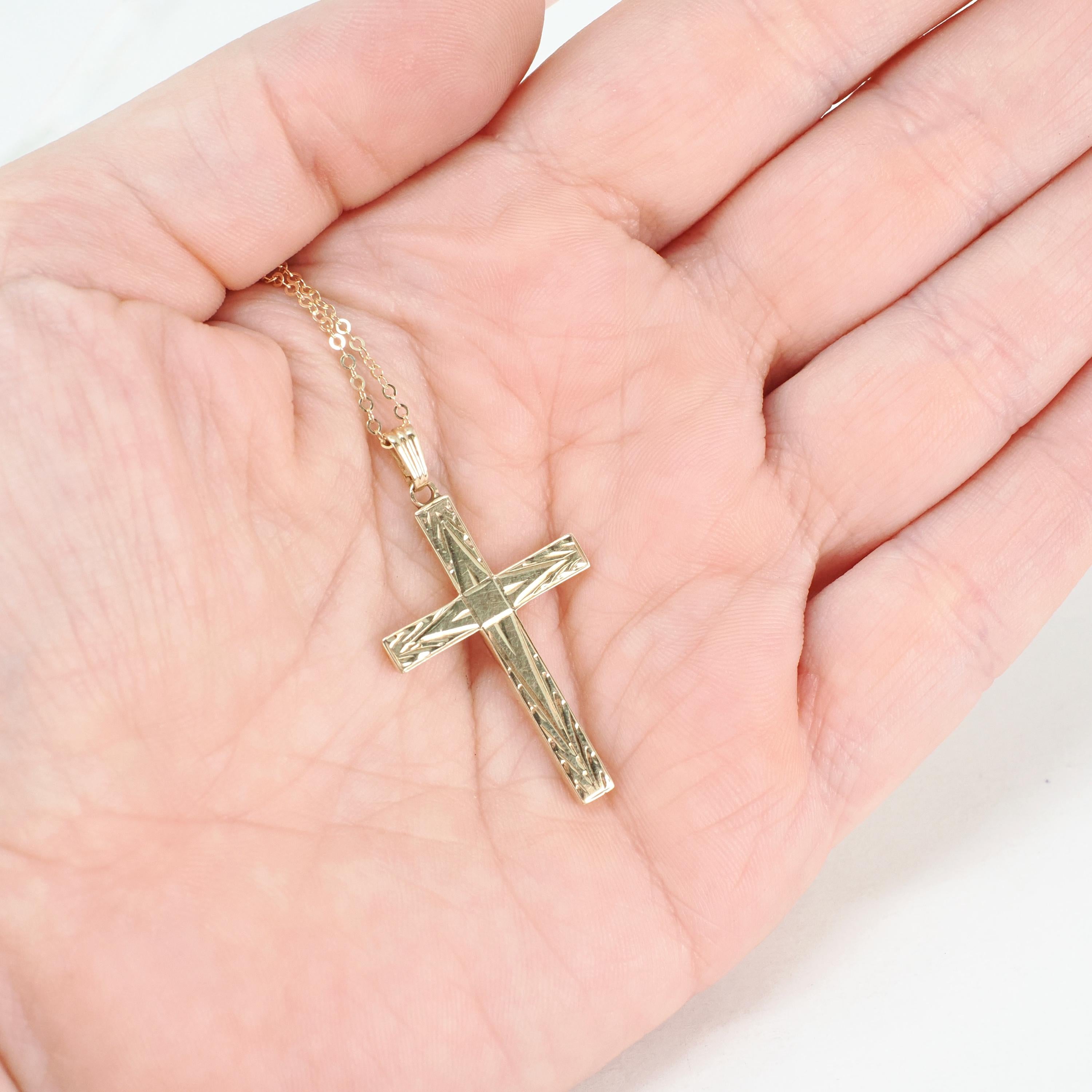 Vintage Cross Necklace - Mid Century 14k Yellow Gold Engraved Etched Pendant Charm - Circa 1950s Era Petite Religious Faith Esemco Jewelry