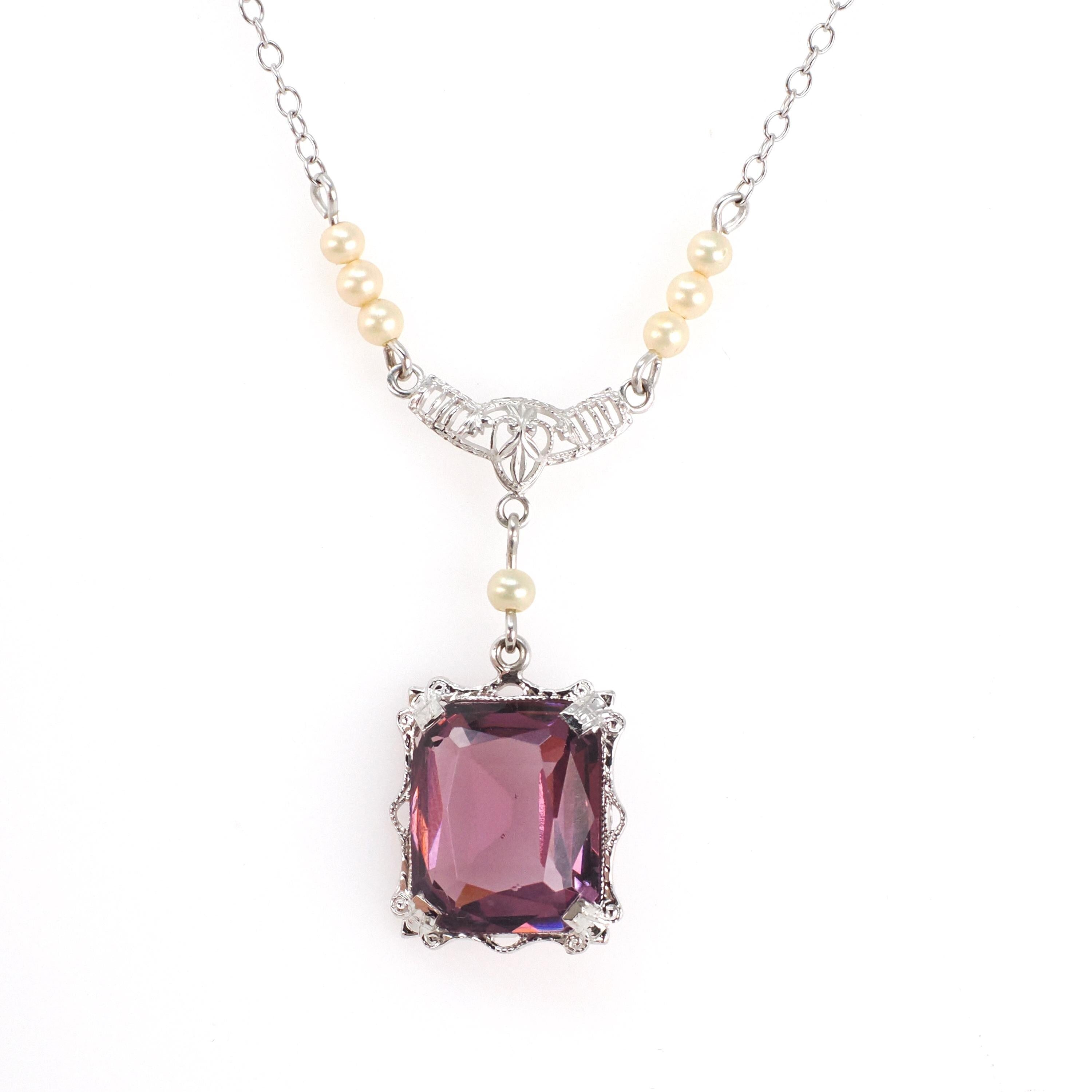 Art Deco Lavalier - Vintage 10k White Gold Simulated Amethyst Purple Glass Seed Pearl Gemstone Necklace - Circa 1930s February Fine Jewelry