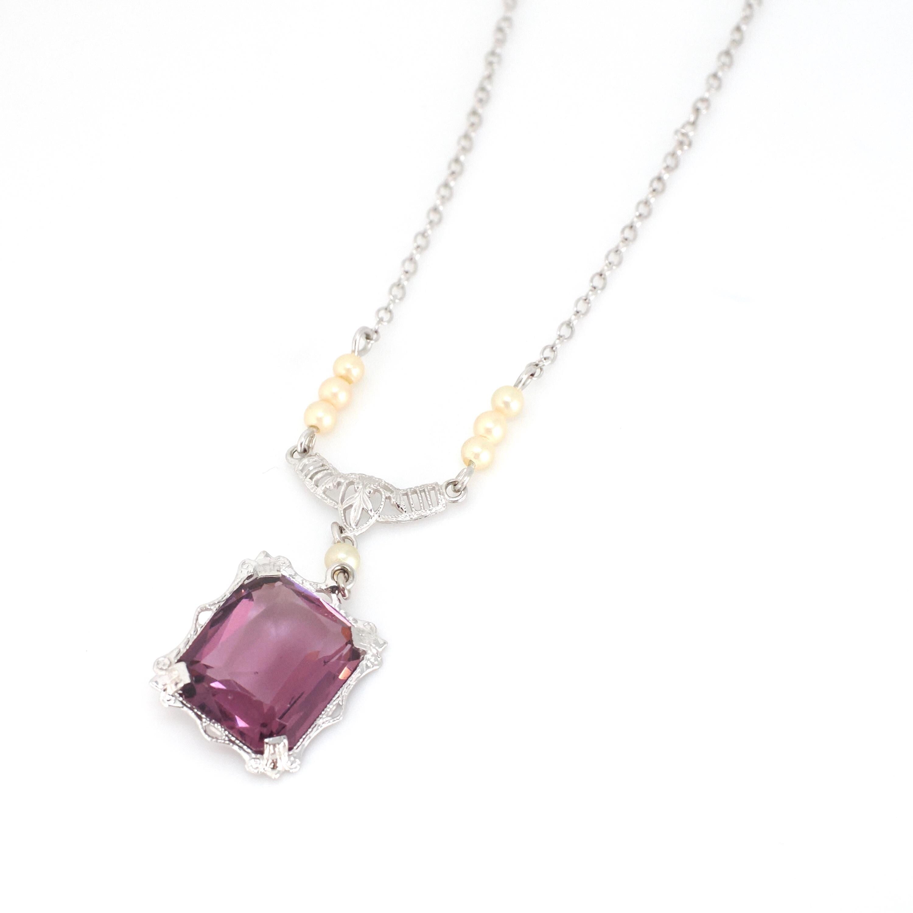 Art Deco Lavalier - Vintage 10k White Gold Simulated Amethyst Purple Glass Seed Pearl Gemstone Necklace - Circa 1930s February Fine Jewelry