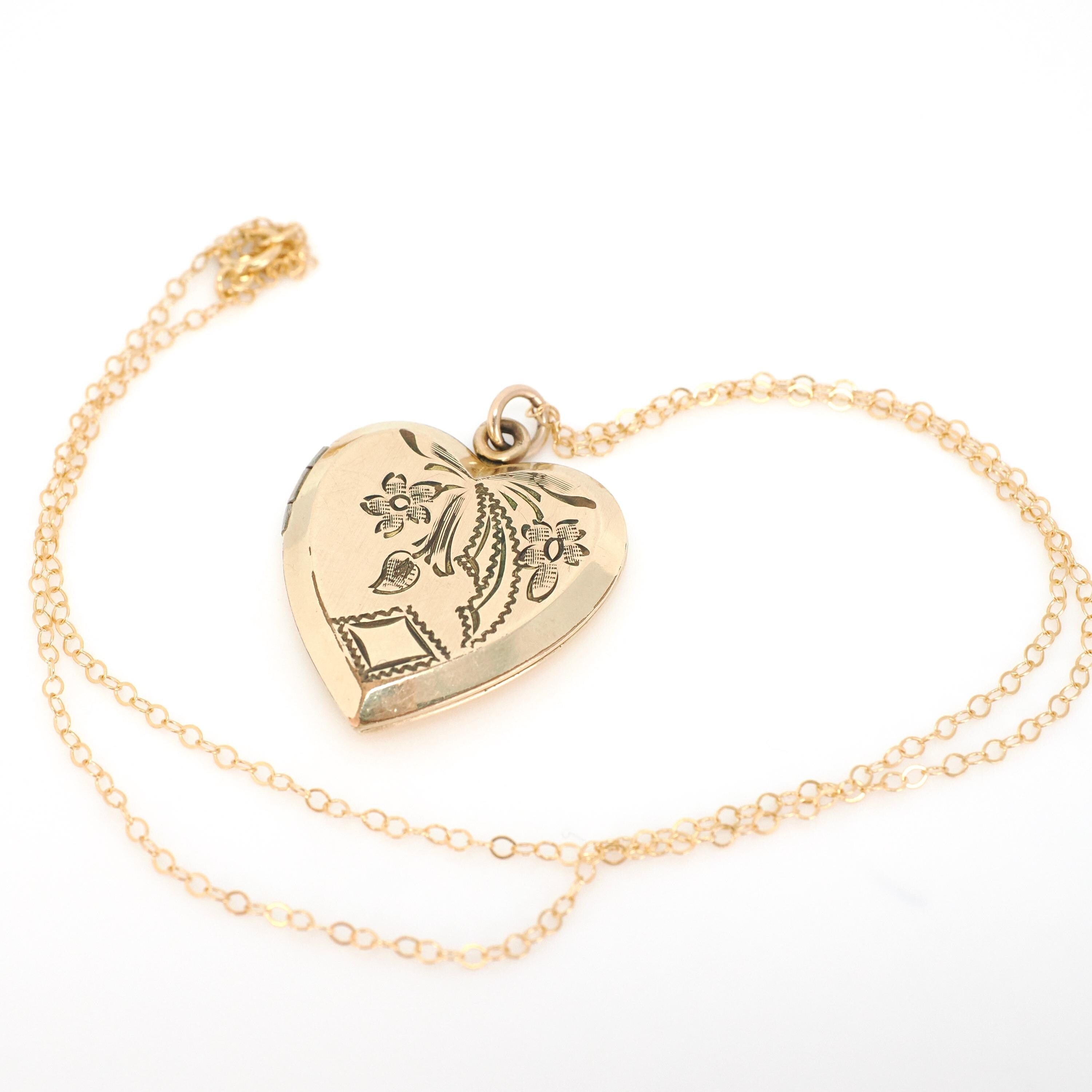 Vintage Heart Locket - Retro 10k Gold Filled Floral Bow Rhombus Engraved Design Pendant Necklace - Circa 1940s Keepsake Photograph Jewelry