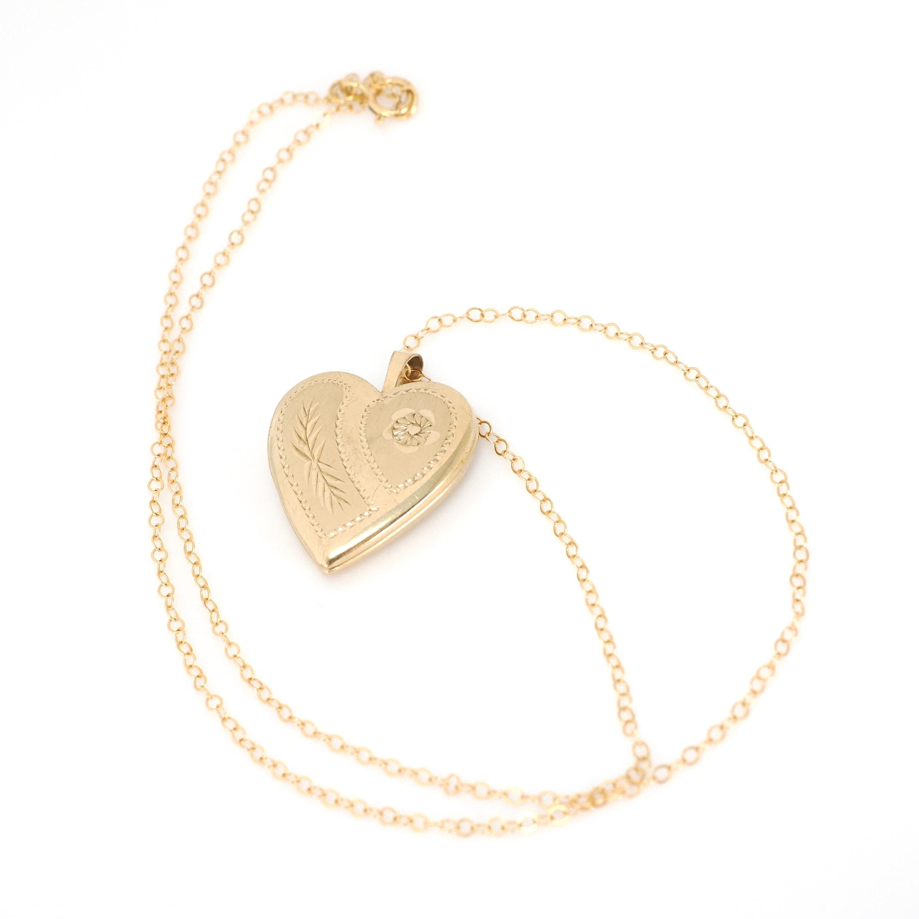 Estate Heart Locket - Modern 14k Gold Filled Engraved Flower Leaf Design Necklace Pendant - Circa 2000's Era Photograph Keepsake PPC Jewelry