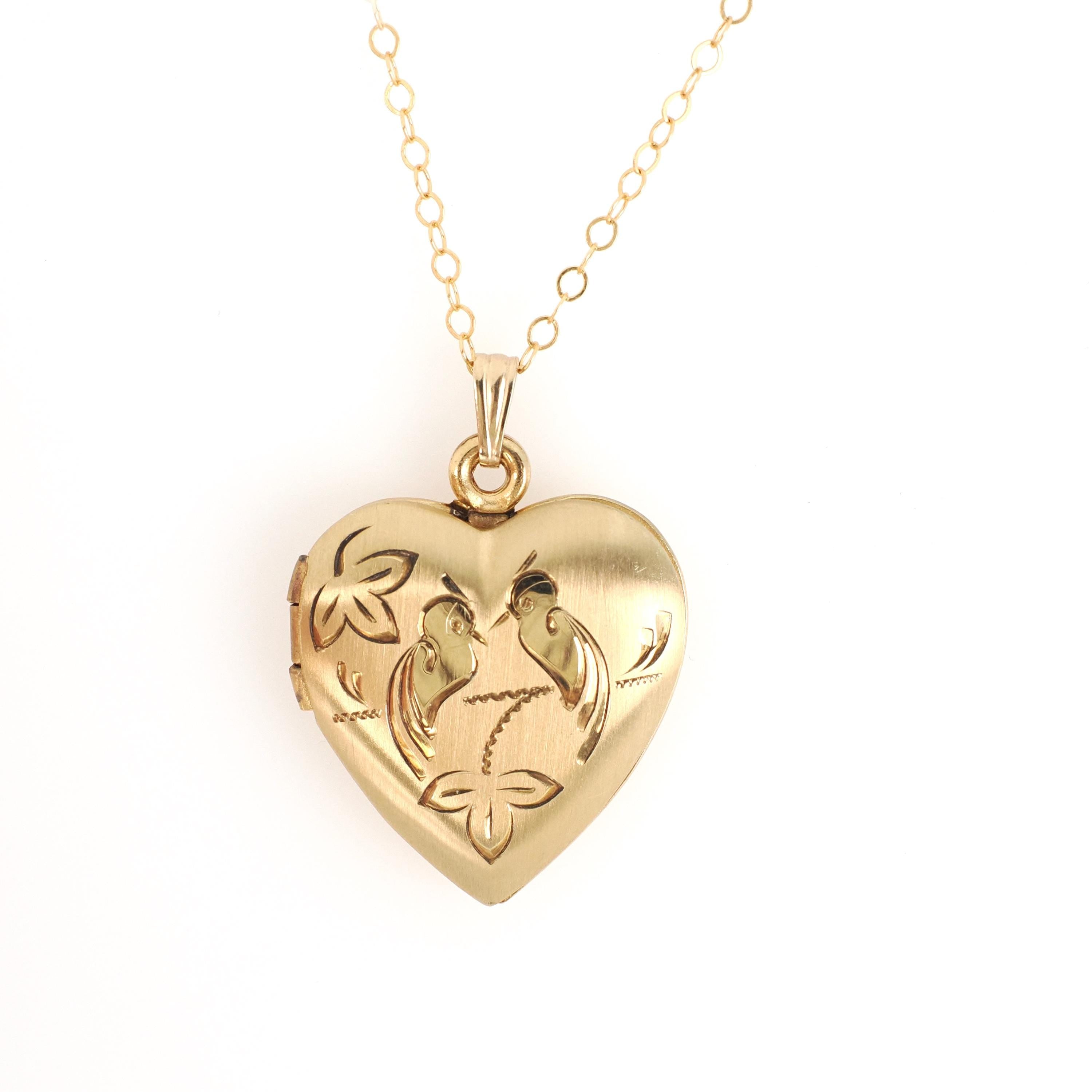 Love Bird Locket - Retro 14k Gold Filled Engraved Heart Pendant Necklace Charm - Vintage Circa 1960s Era Sweetheart Keepsake Photo Jewelry