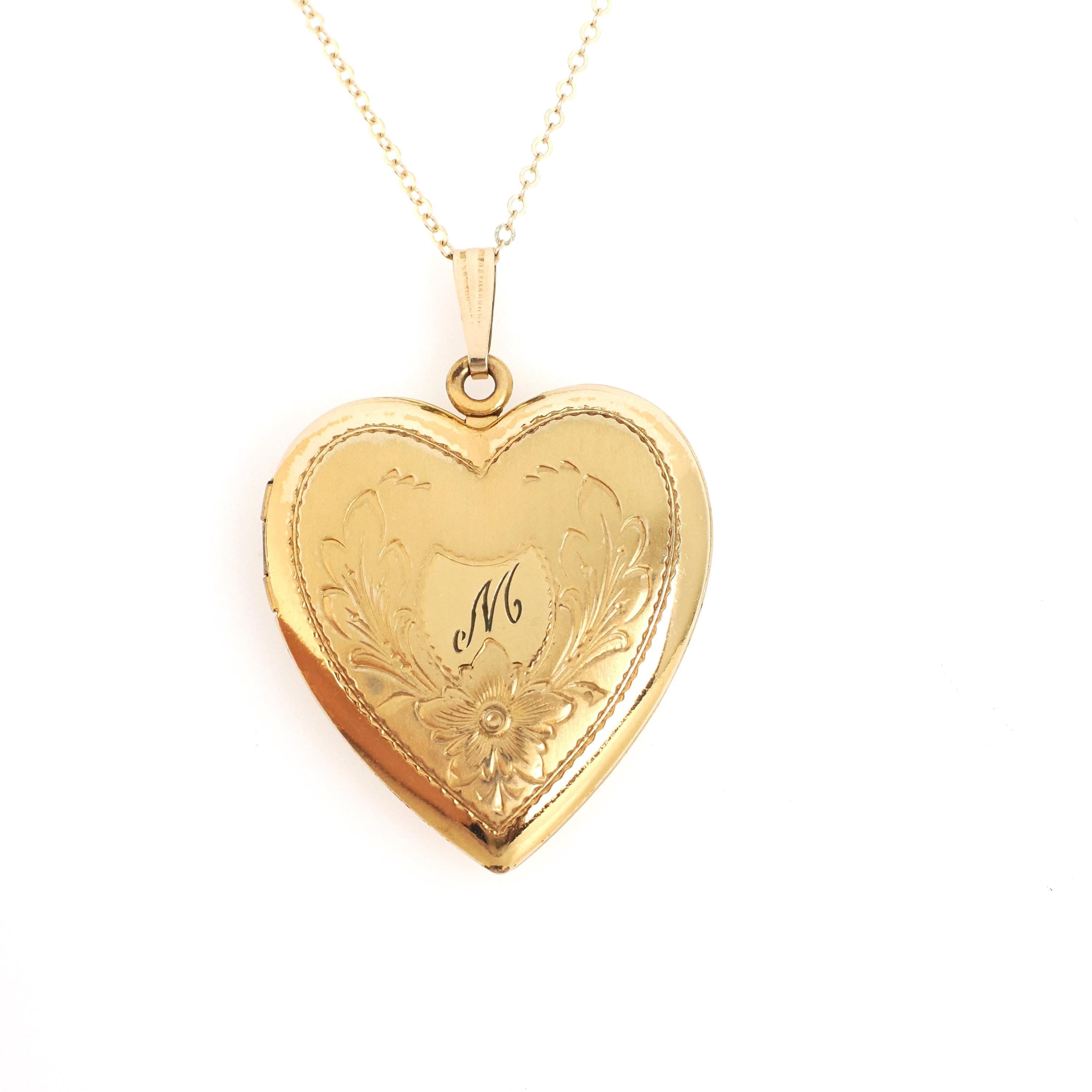 Letter "M" Locket - Retro 12k Gold Filled Engraved Single Initial Heart Pendant Necklace - Circa 1940s Statement Keepsake Photograph Jewelry