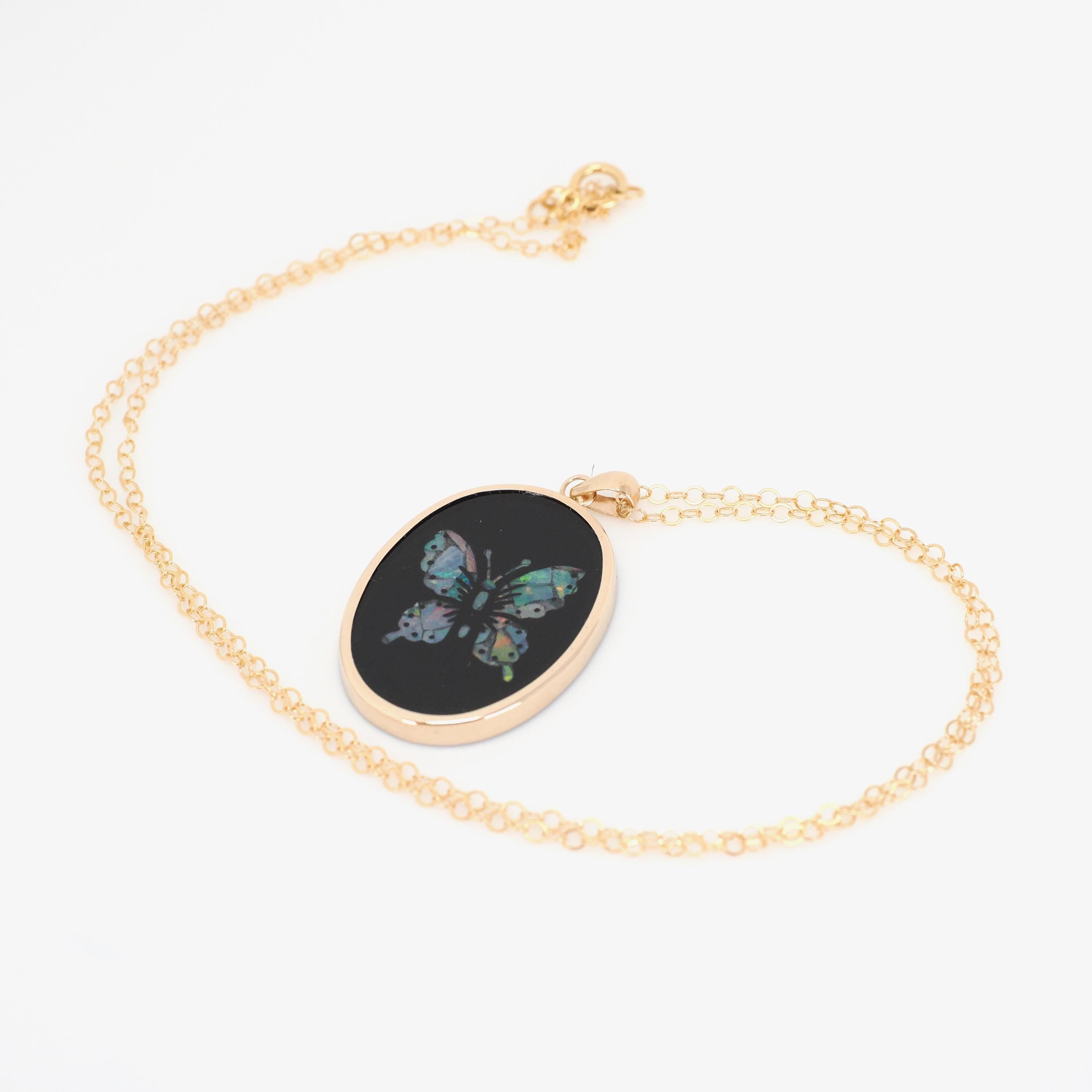 Modern Butterfly Pendant - Estate 14K Yellow Gold Natural Onyx Mosaic Opal Inlay Charm - Circa 1990s Nature Inspired Necklace Fine Jewelry