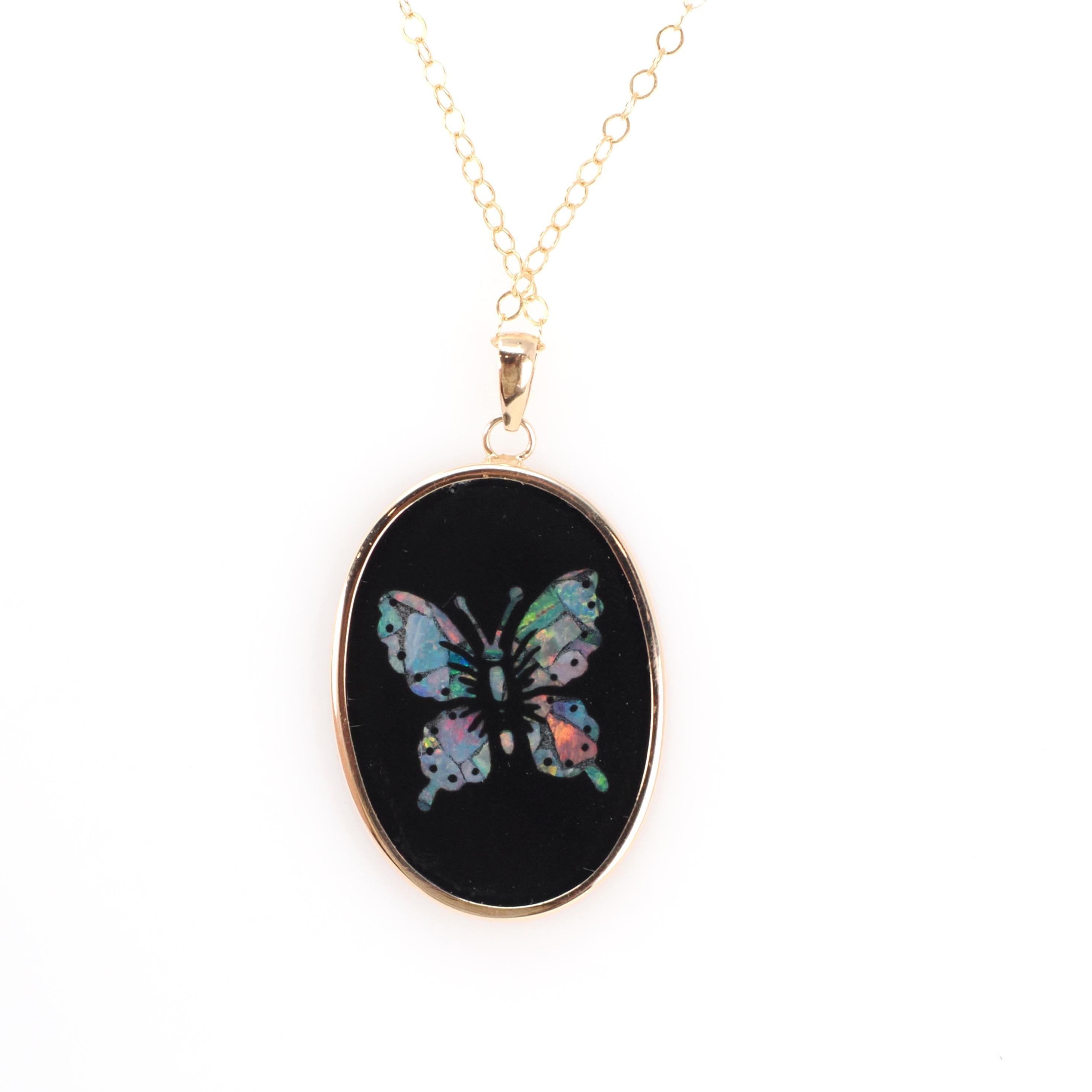Modern Butterfly Pendant - Estate 14K Yellow Gold Natural Onyx Mosaic Opal Inlay Charm - Circa 1990s Nature Inspired Necklace Fine Jewelry