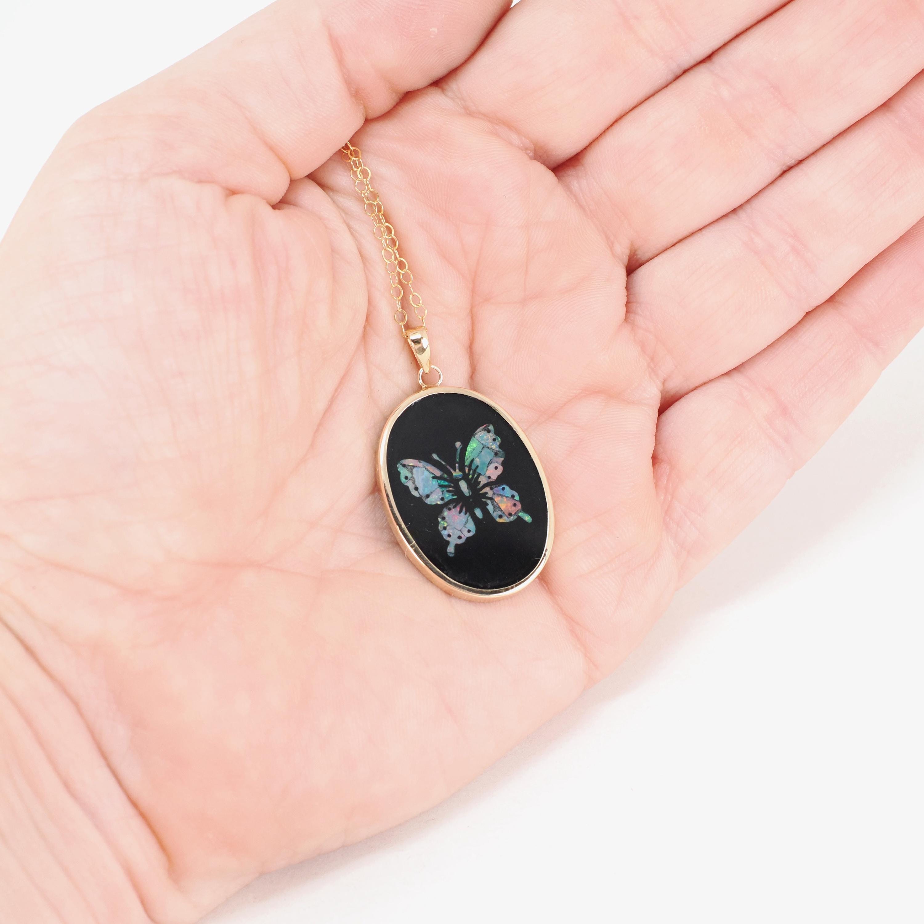 Modern Butterfly Pendant - Estate 14K Yellow Gold Natural Onyx Mosaic Opal Inlay Charm - Circa 1990s Nature Inspired Necklace Fine Jewelry