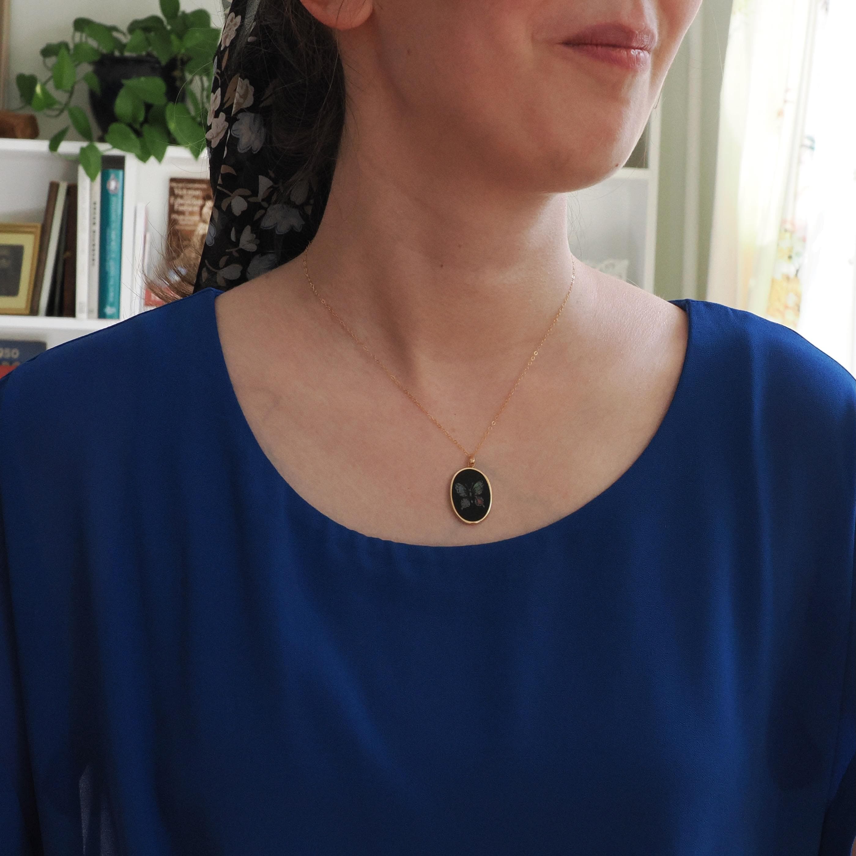 Modern Butterfly Pendant - Estate 14K Yellow Gold Natural Onyx Mosaic Opal Inlay Charm - Circa 1990s Nature Inspired Necklace Fine Jewelry