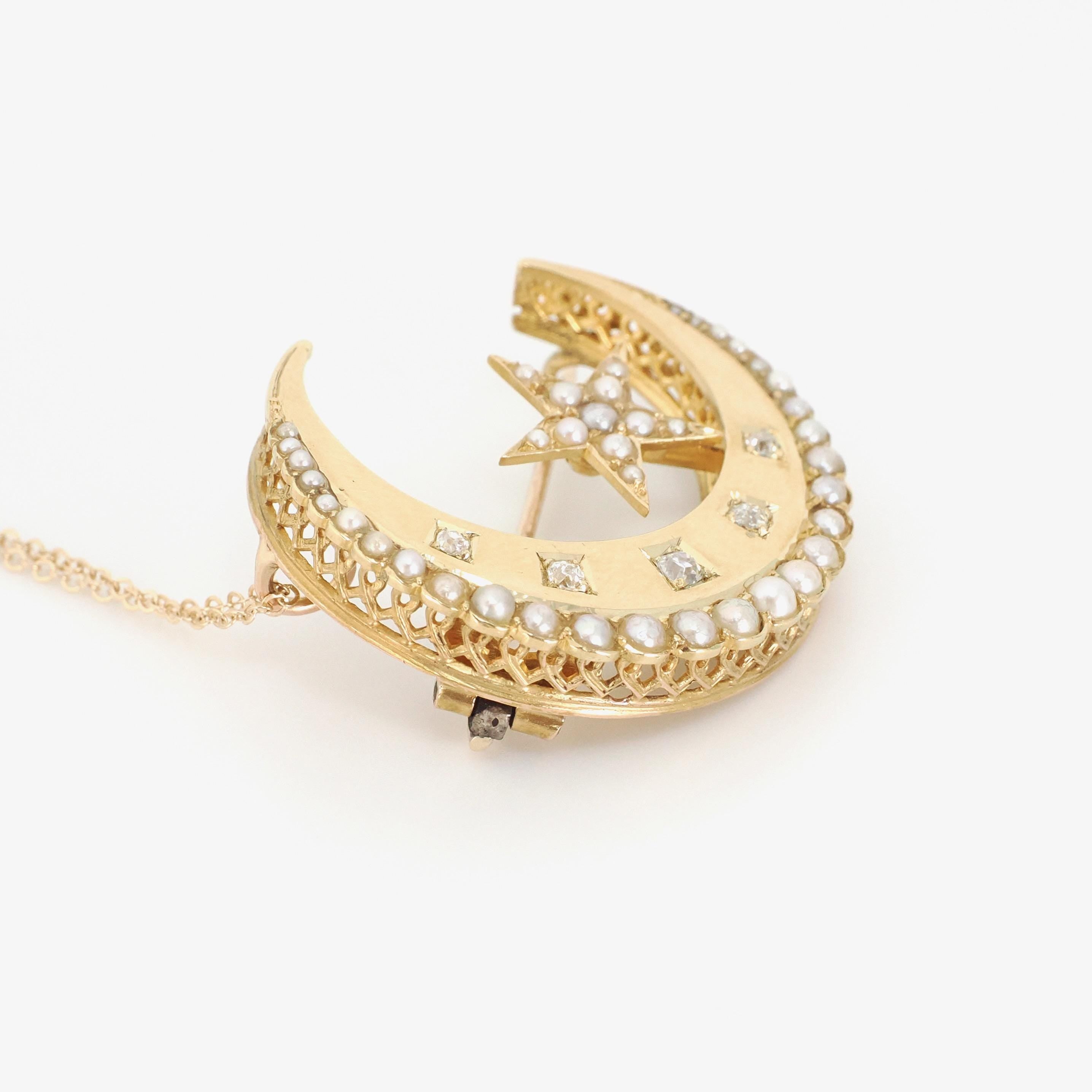 Victorian Crescent Moon Brooch - Antique 14k Yellow Gold .14 CTW Old Mine Cut Diamond Pin - Circa 1880s Era Seed Pearl Fine Pendant Jewelry