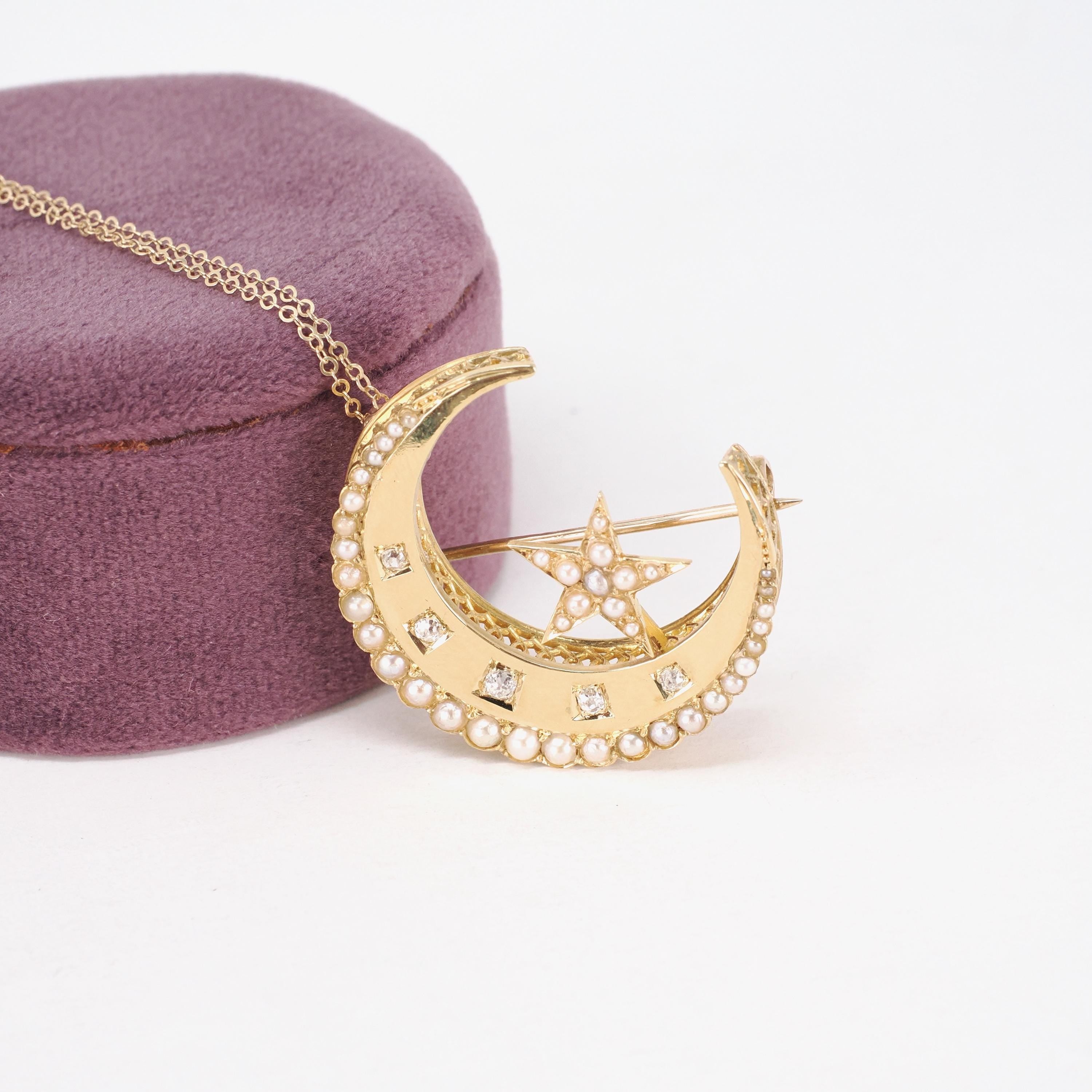 Victorian Crescent Moon Brooch - Antique 14k Yellow Gold .14 CTW Old Mine Cut Diamond Pin - Circa 1880s Era Seed Pearl Fine Pendant Jewelry