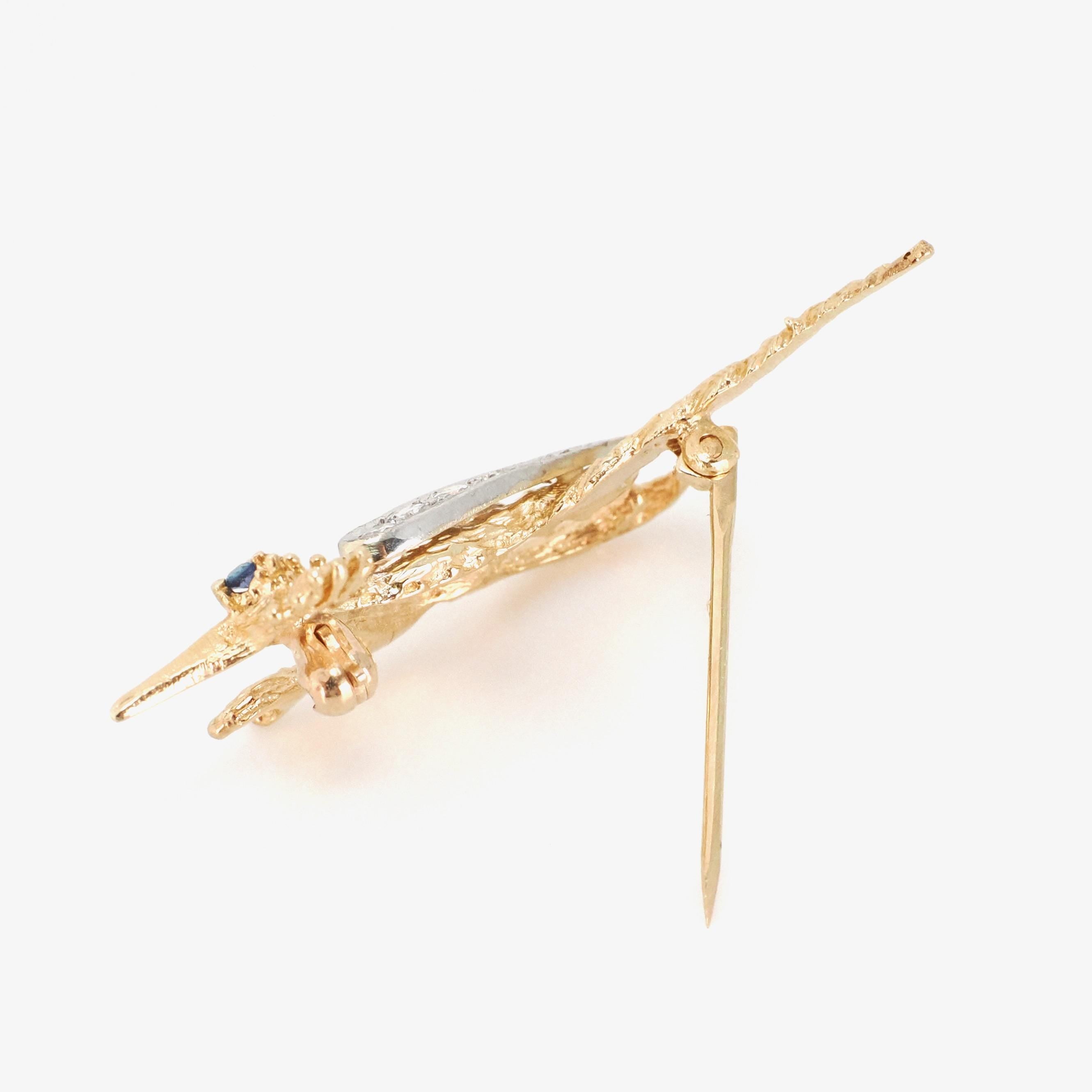 Vintage Roadrunner Brooch - Retro 14k Yellow & White Gold Natural Sapphire And Diamond Pin - Circa 1970s Era Cuckoo Bird Animal Fine Jewelry