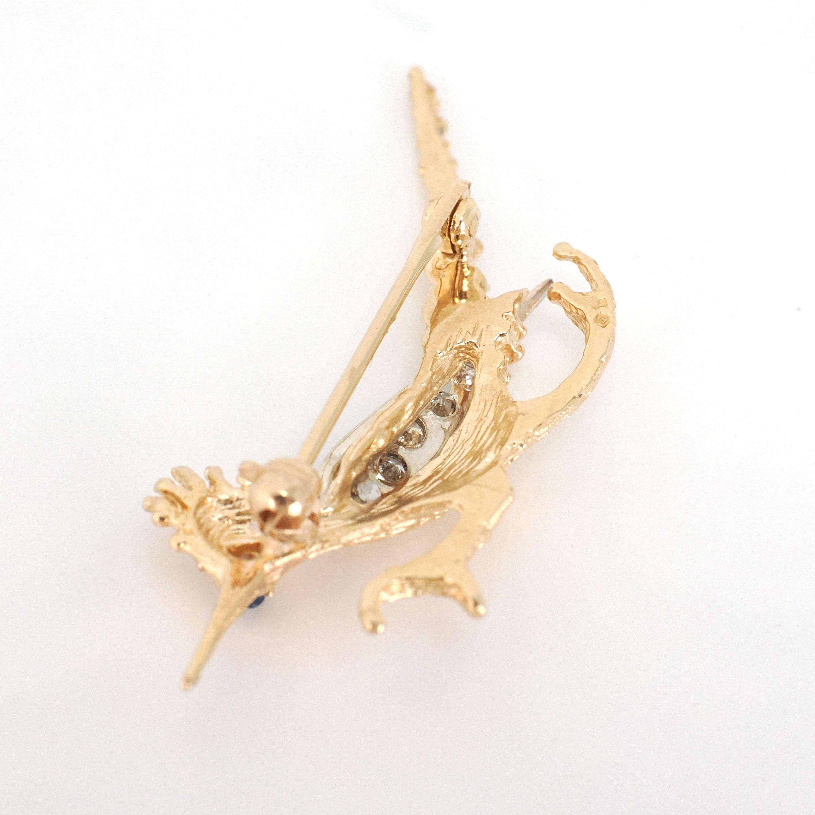 Vintage Roadrunner Brooch - Retro 14k Yellow & White Gold Natural Sapphire And Diamond Pin - Circa 1970s Era Cuckoo Bird Animal Fine Jewelry