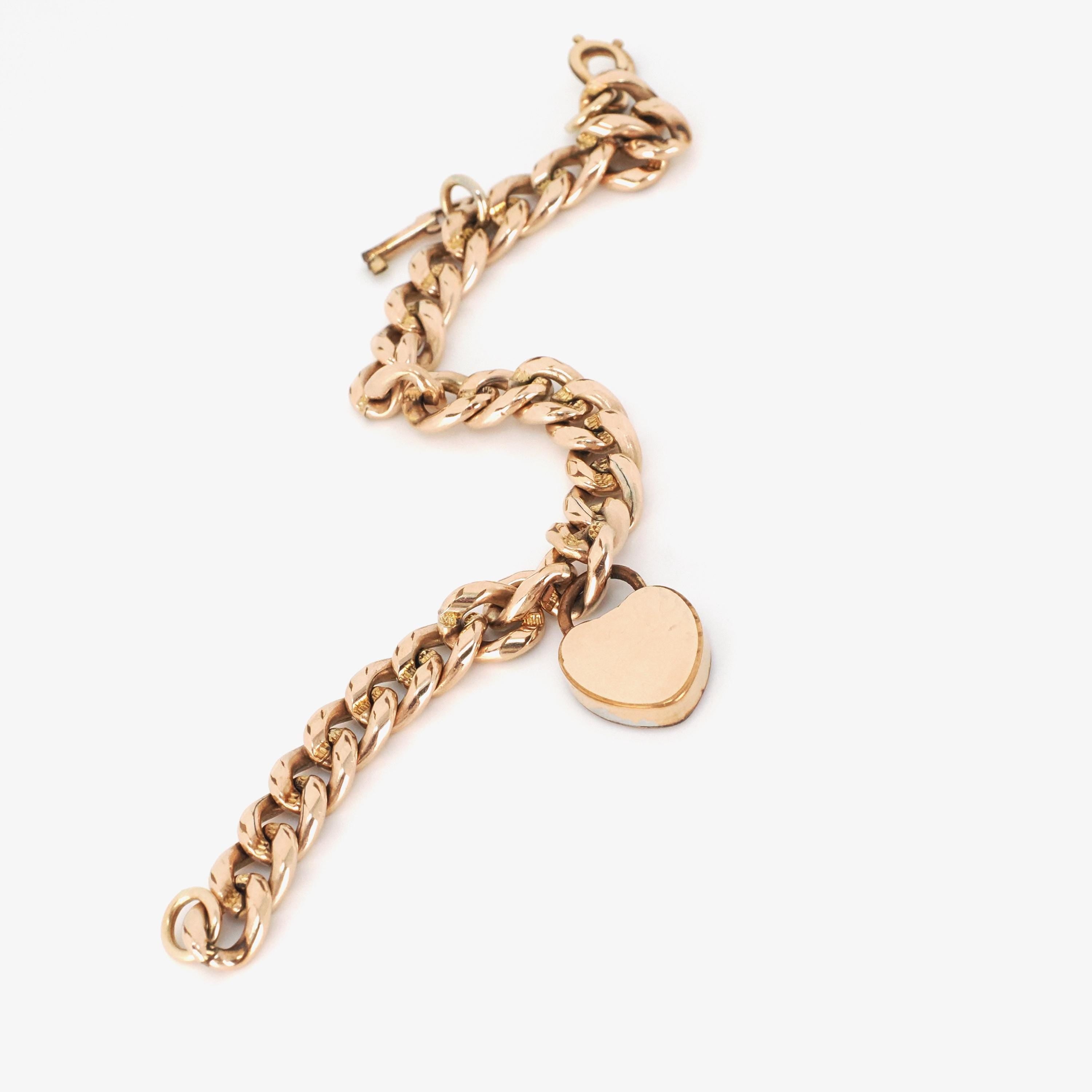 Antique Padlock Bracelet - Edwardian Rosy 12k Gold Filled Heart Shaped Charm Padlock & Key - Circa 1910s Era 8 Inch Curb Link Chain Jewelry
