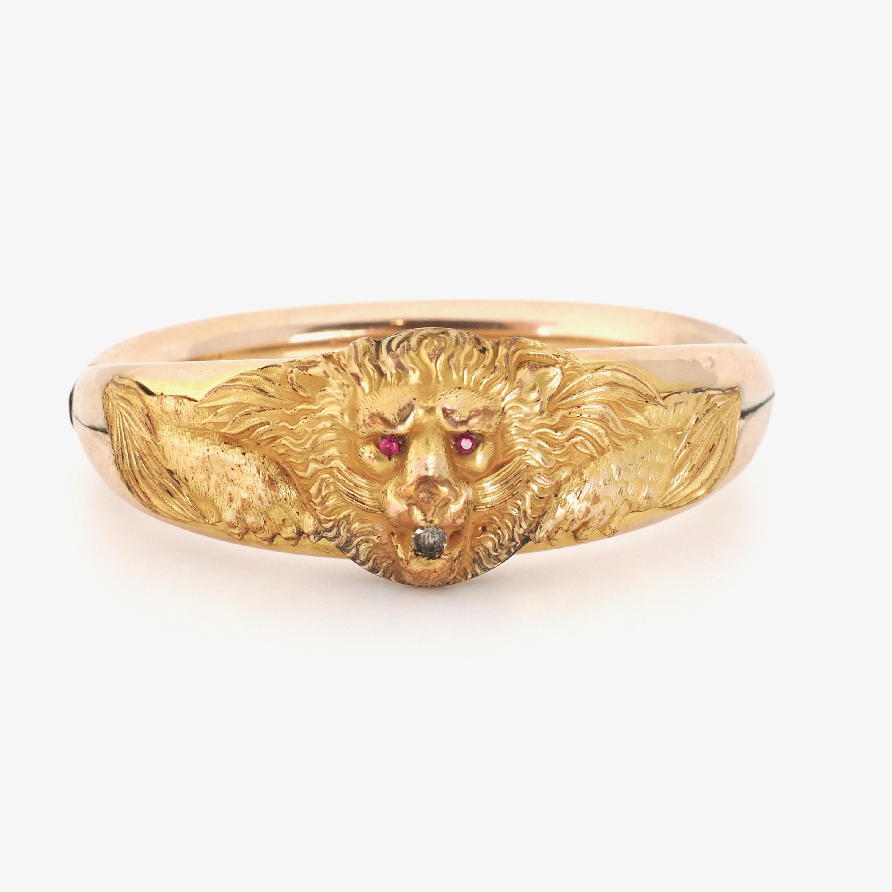 Victorian Lion Bracelet - Antique Gold Filled Simulated Diamond & Created Ruby Statement - Circa 1890s Rare 7 Inch Bangle Fashion Jewelry
