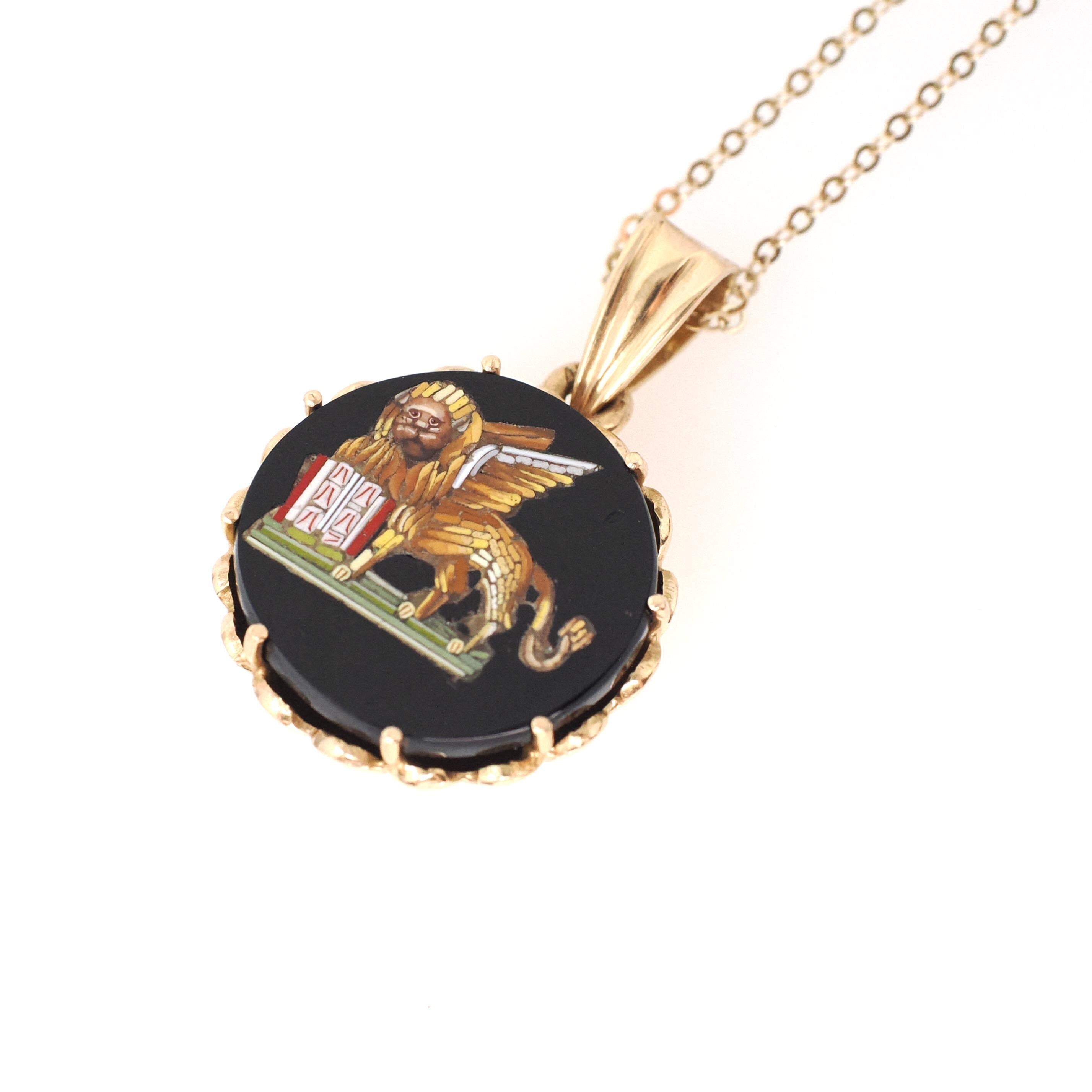 Vintage Lion of San Marco Pendant - Retro 18k Yellow Gold Black Onyx Mosaic Inlay Scene Charm - Circa 1970s Fine Victorian Revival Jewelry